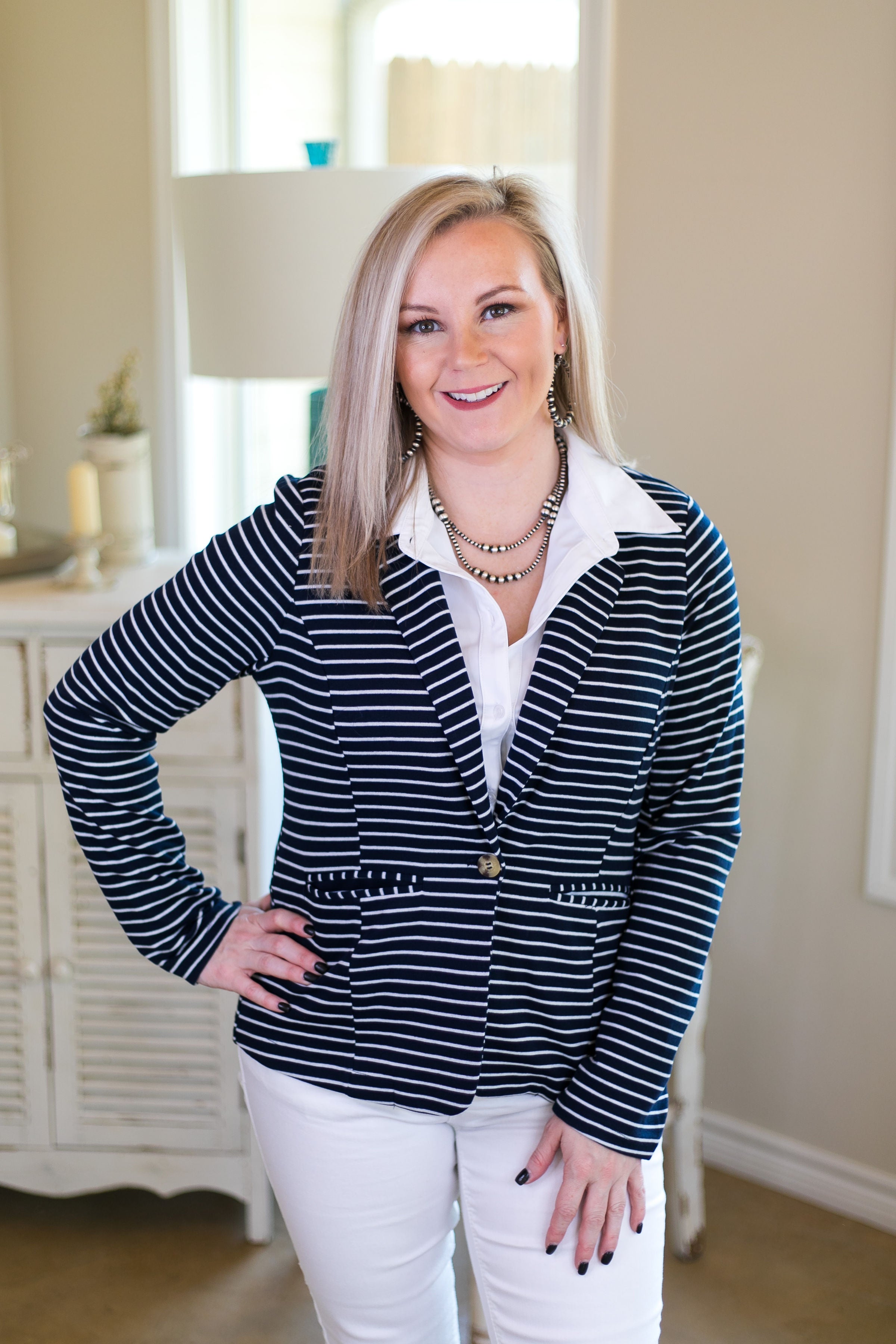 women's plus size boutique trendy professional blazer jacket work wear stripe striped stripes navy blue