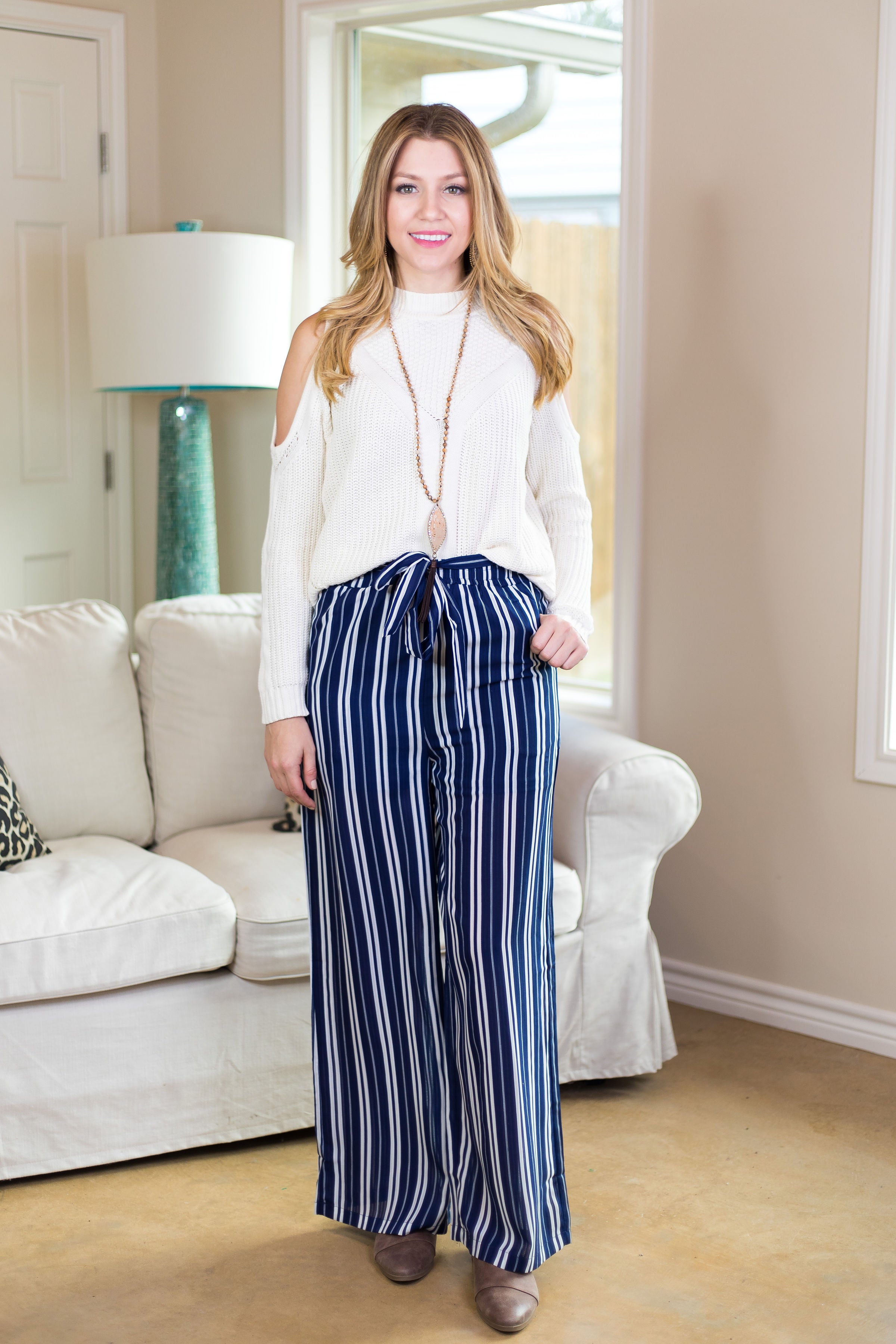 Last Chance Size Small | Out Of Line Stripe Wide Leg Pants in Navy Blue - Giddy Up Glamour Boutique