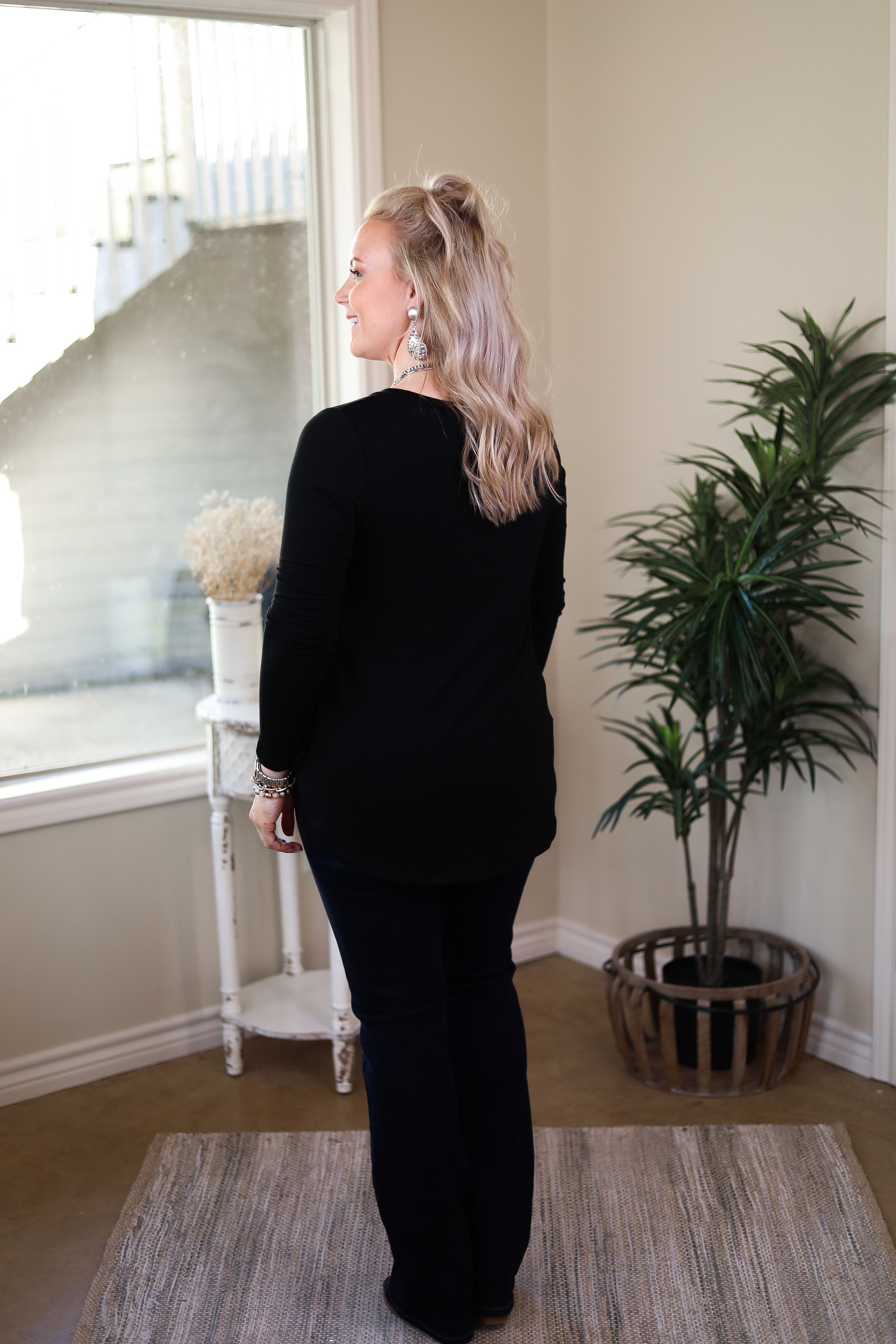 Last Chance Size Small | Simply The Best V Neck Long Sleeve Tee in Black - Giddy Up Glamour Boutique