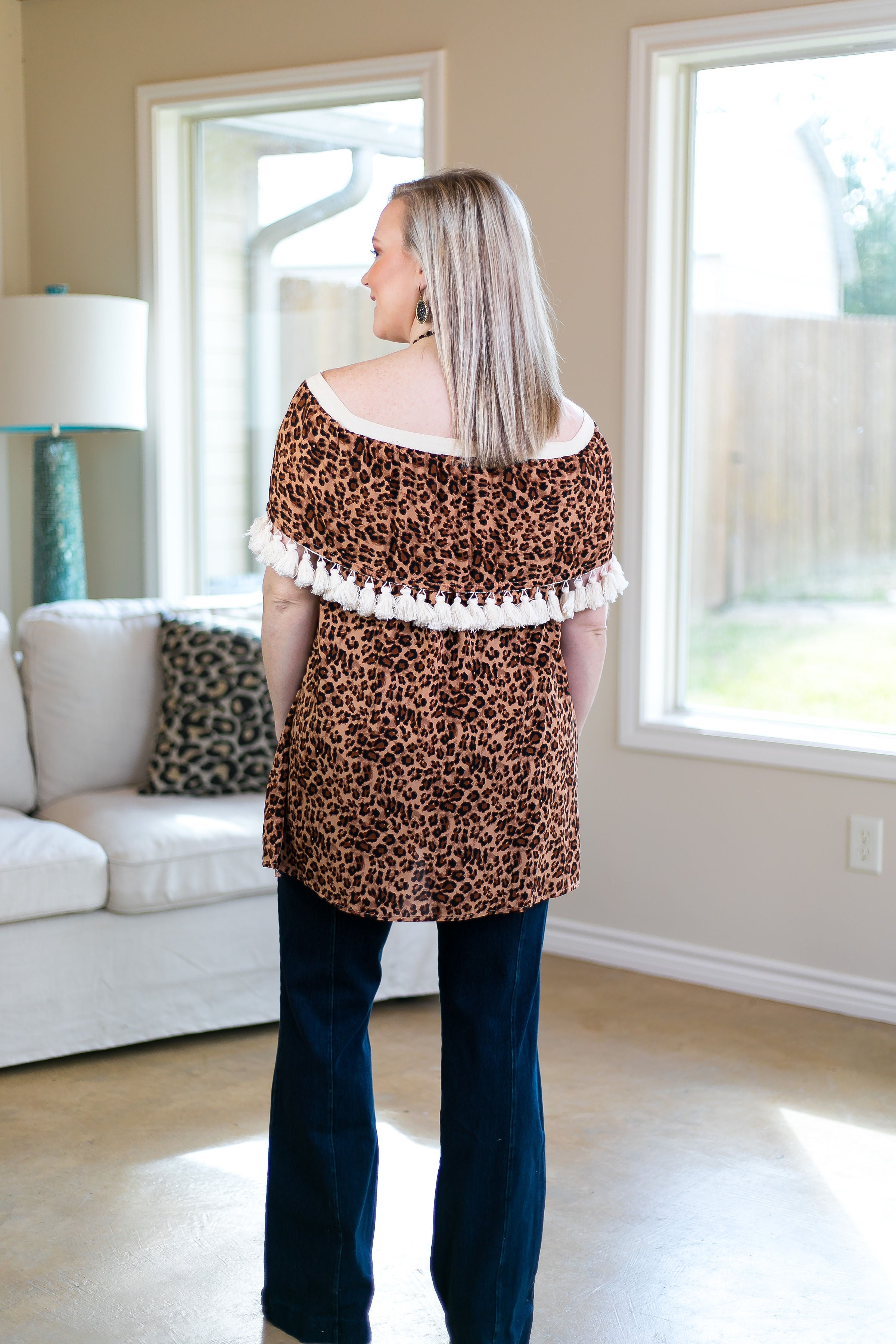 You Get What You Get Off Shoulder Tunic with Tassels in Leopard - Giddy Up Glamour Boutique