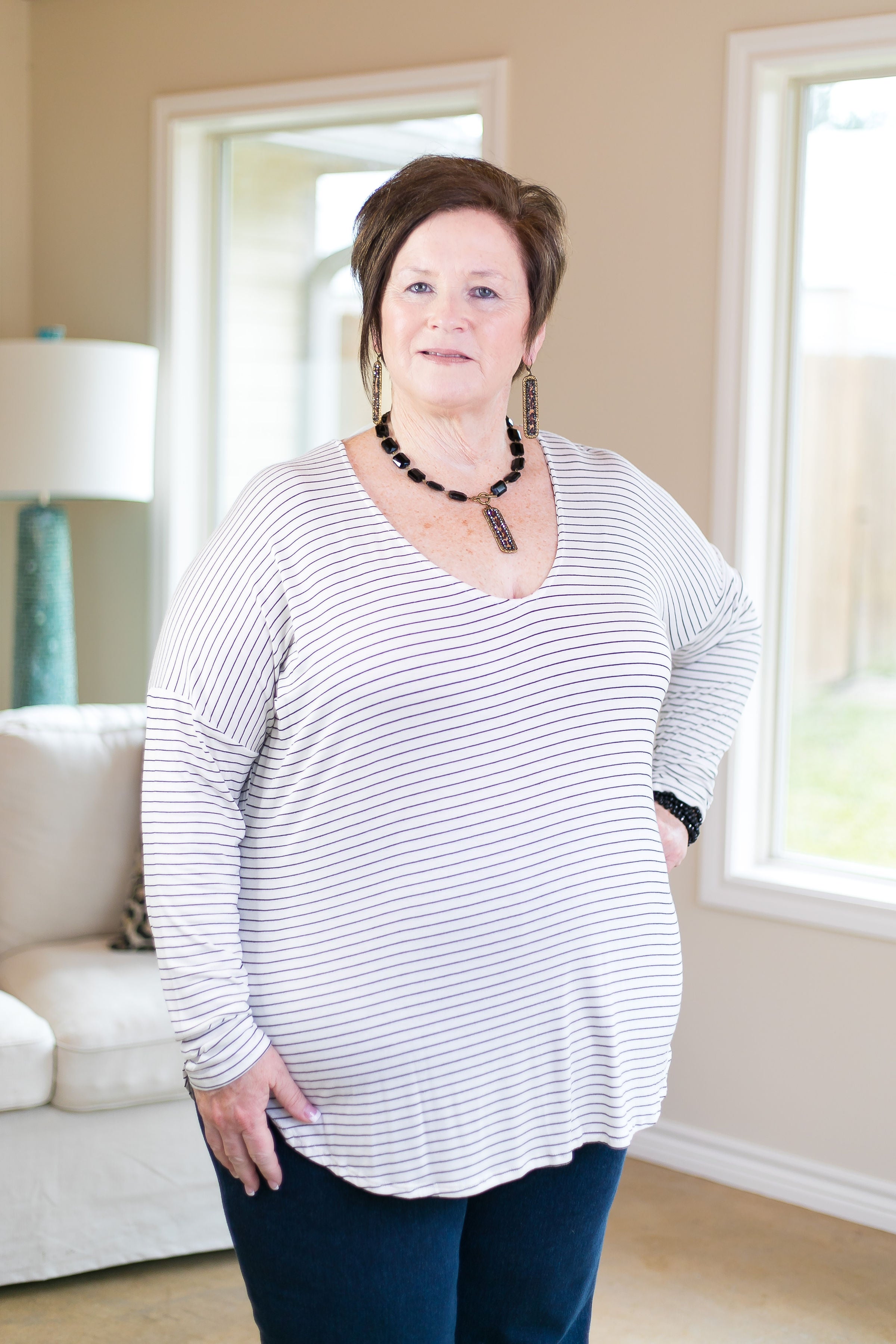A Friend of Mine Striped Piko Top in Ivory - Giddy Up Glamour Boutique