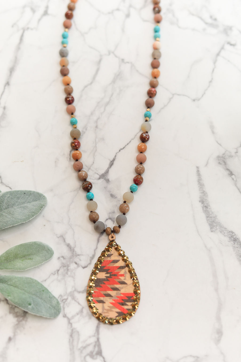 Beaded Teardrop Pendant Necklace in Red Aztec - Giddy Up Glamour Boutique