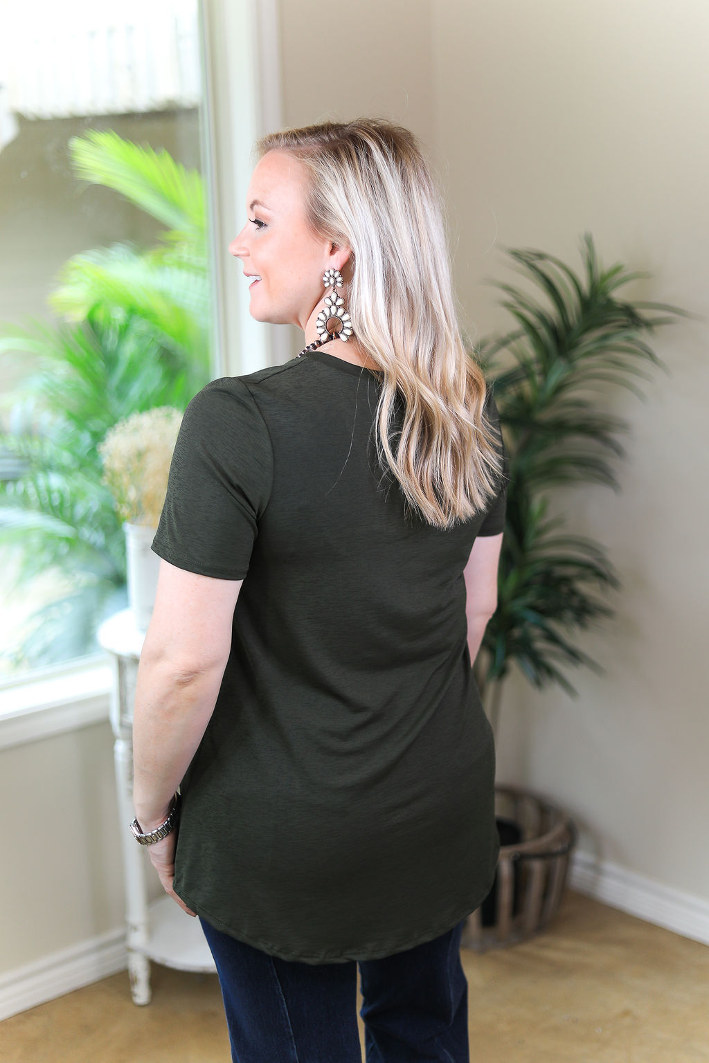 Last Chance Size Small, 2XL & 3XL | Just Right Solid Short Sleeve Pocket Tee in Olive Green - Giddy Up Glamour Boutique