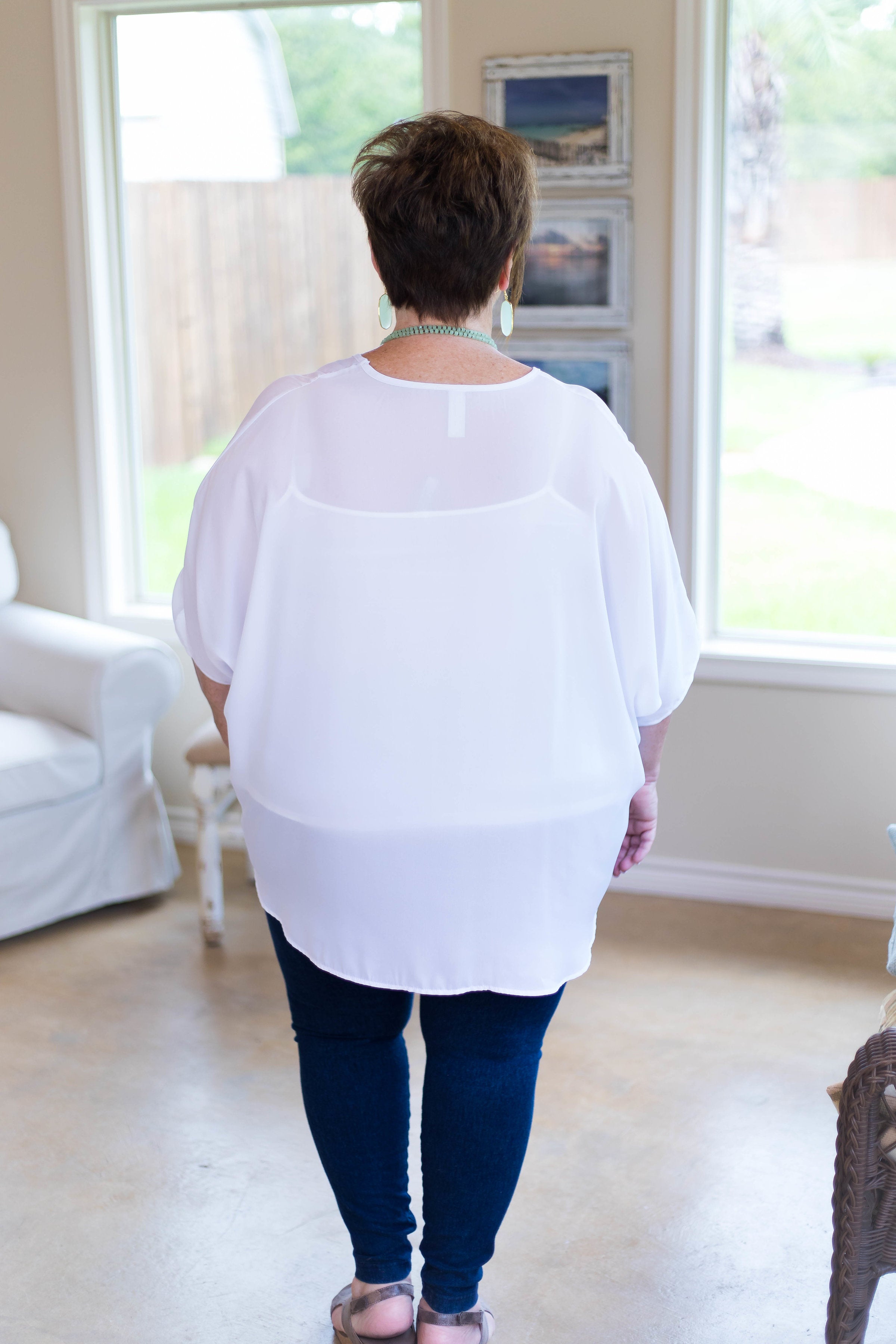 Last Chance Size Medium (Oversized) | On The Line Sheer Oversized Poncho Top in White - Giddy Up Glamour Boutique