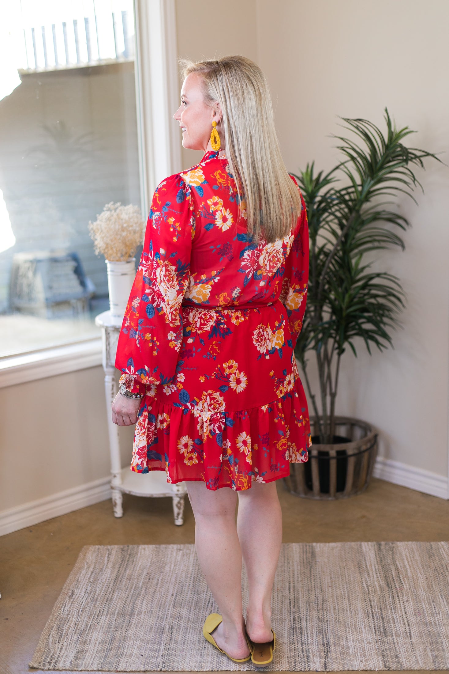 Last Chance Size Small & Medium | Blooming With Love Floral Long Sleeve Mini Dress with High Neck in Red - Giddy Up Glamour Boutique