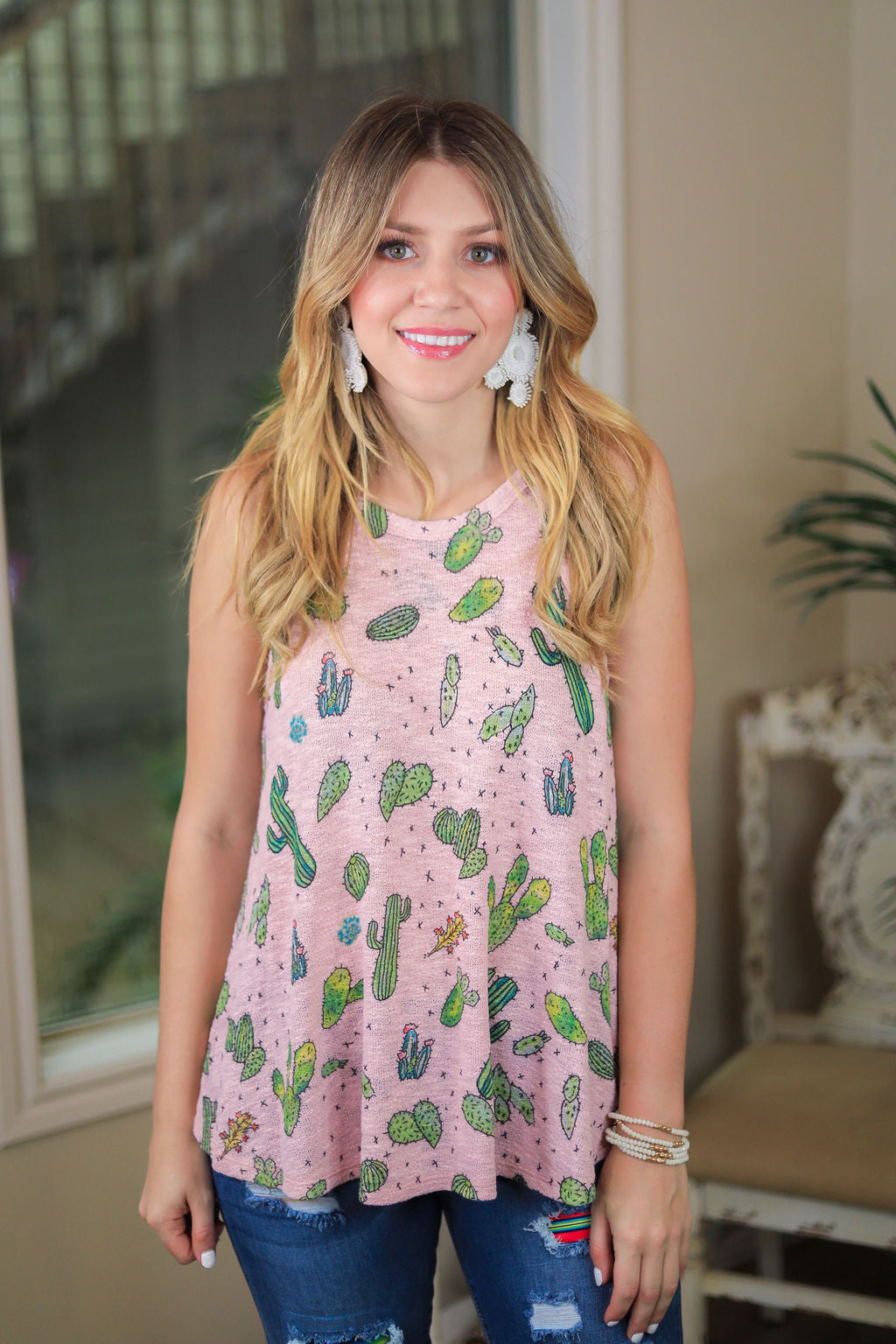 Point Made Cactus Print Halter Tank Top in Light Pink - Giddy Up Glamour Boutique