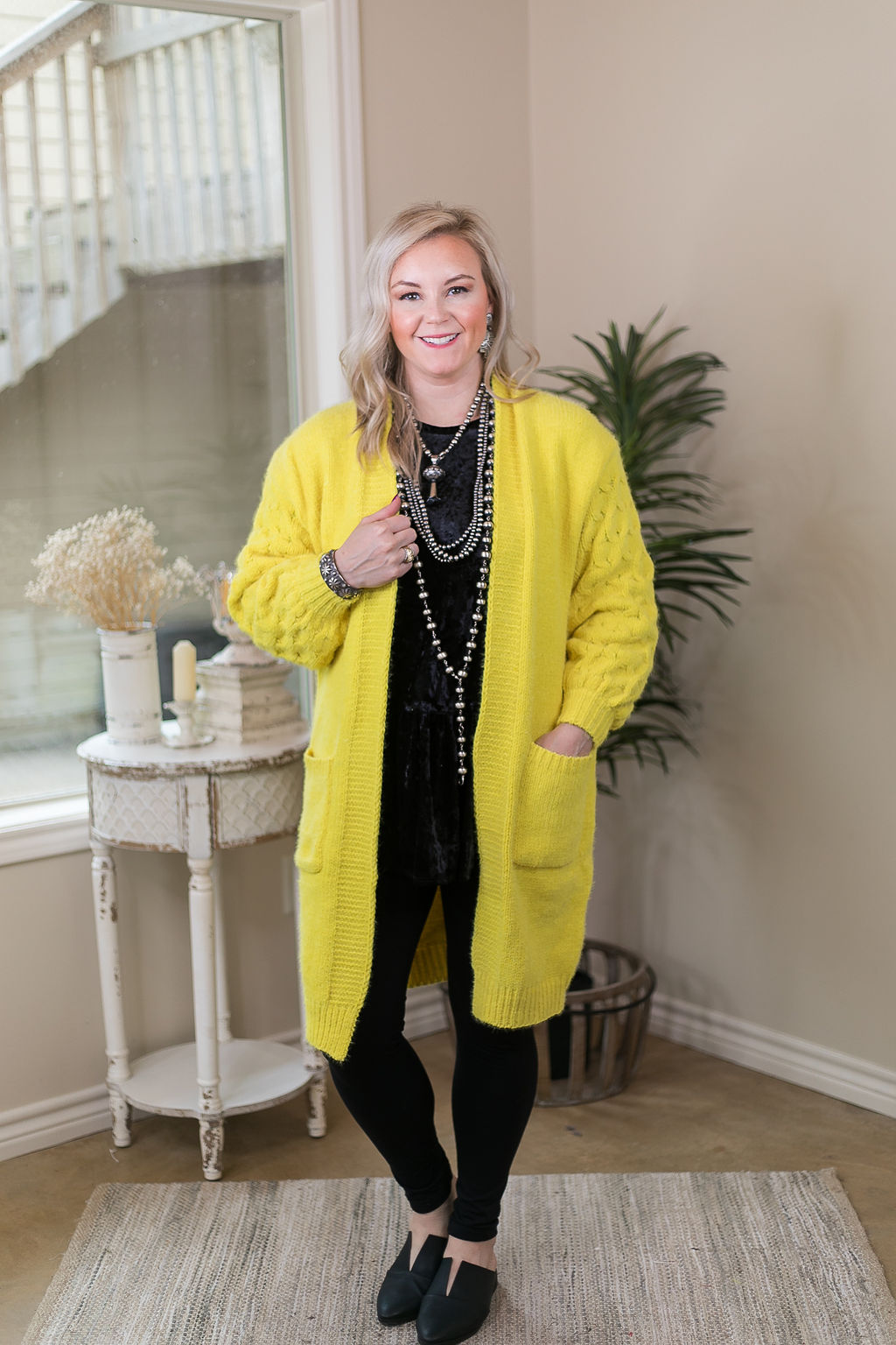 She's Dangerous Long Knit Cardigan with Braid Knitted Sleeves in Bright Yellow - Giddy Up Glamour Boutique