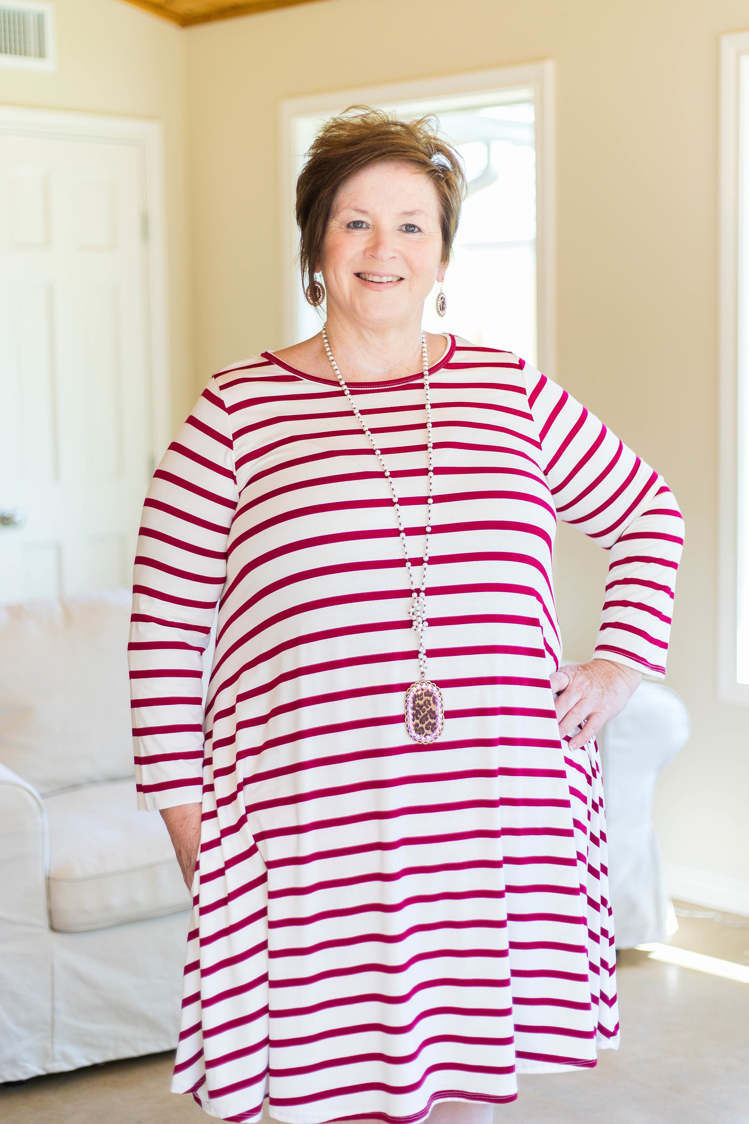 Last Chance Size 1XL | All The Stripe A Line Tunic Dress in Maroon - Giddy Up Glamour Boutique