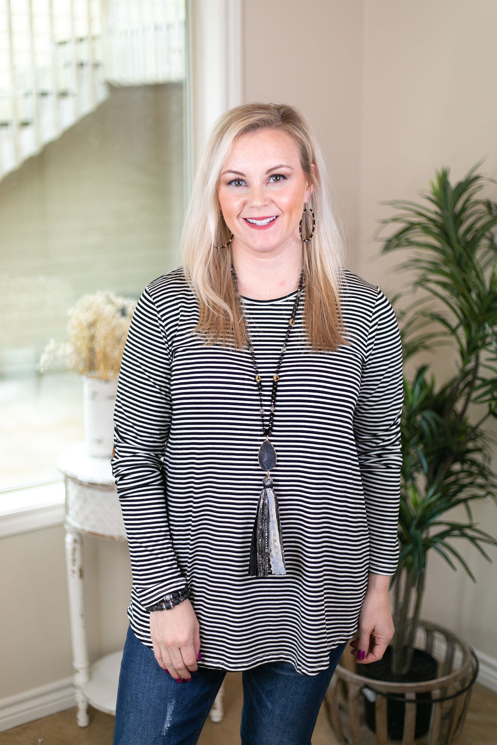 A Different Day Long Sleeve Striped Top with Suede Elbow Patches in Black and White - Giddy Up Glamour Boutique