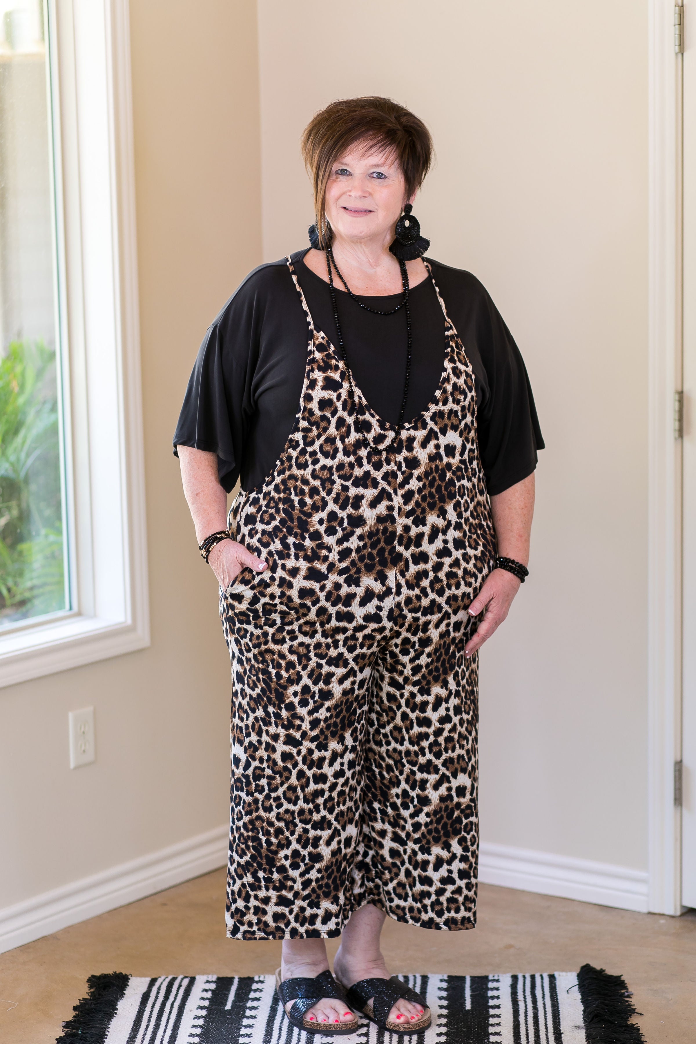 Heimish all she wrote Women's trendy plus size boutique clothing affordable curvy girl fashion full figured jumpsuit jumper romper overisized wide leg travel outfit blogger Instagram influencer leopard cheetah pockets