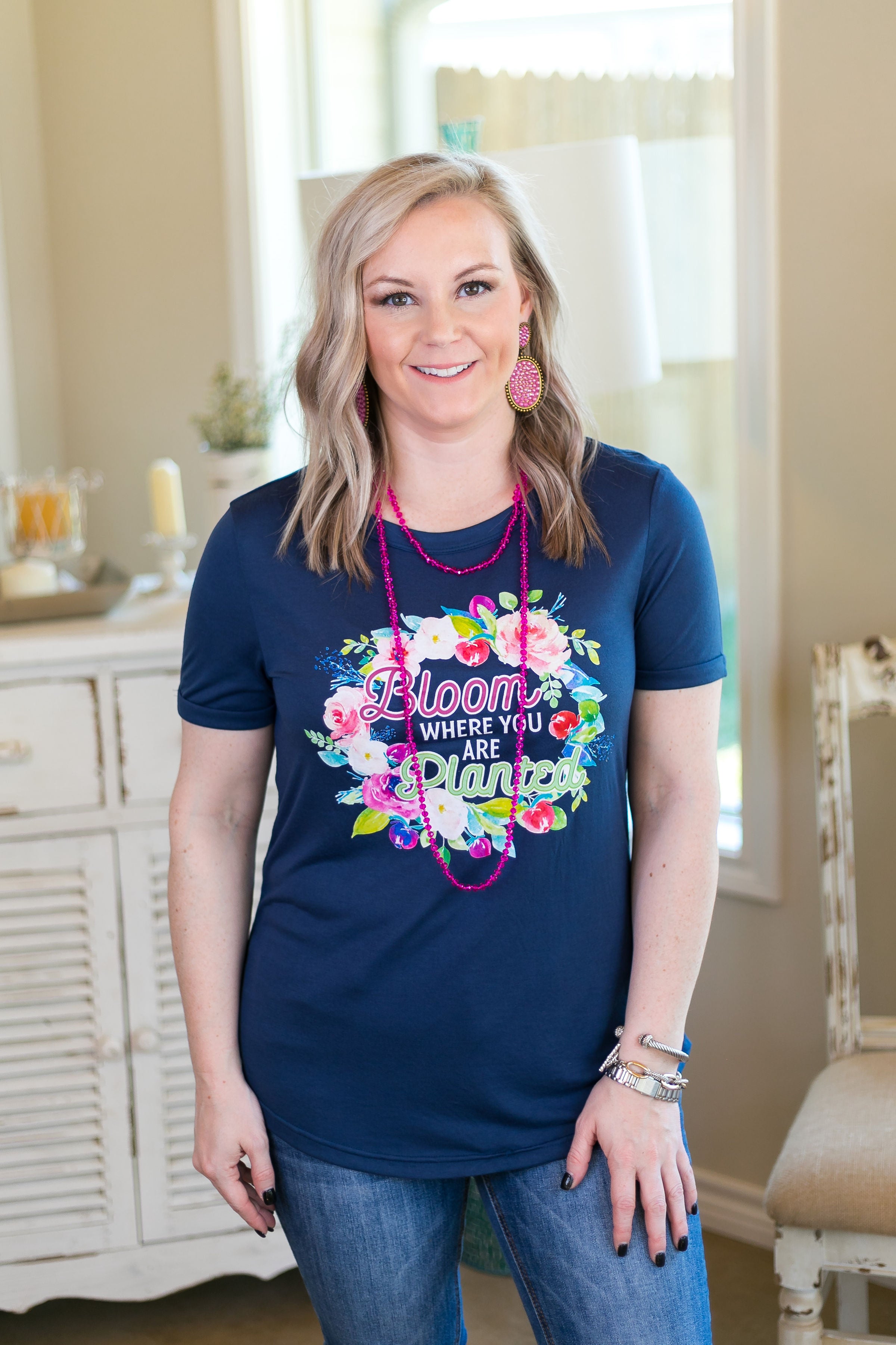 Bloom Where You Are Planted Cuffed Short Sleeve Tee in Navy Blue - Giddy Up Glamour Boutique