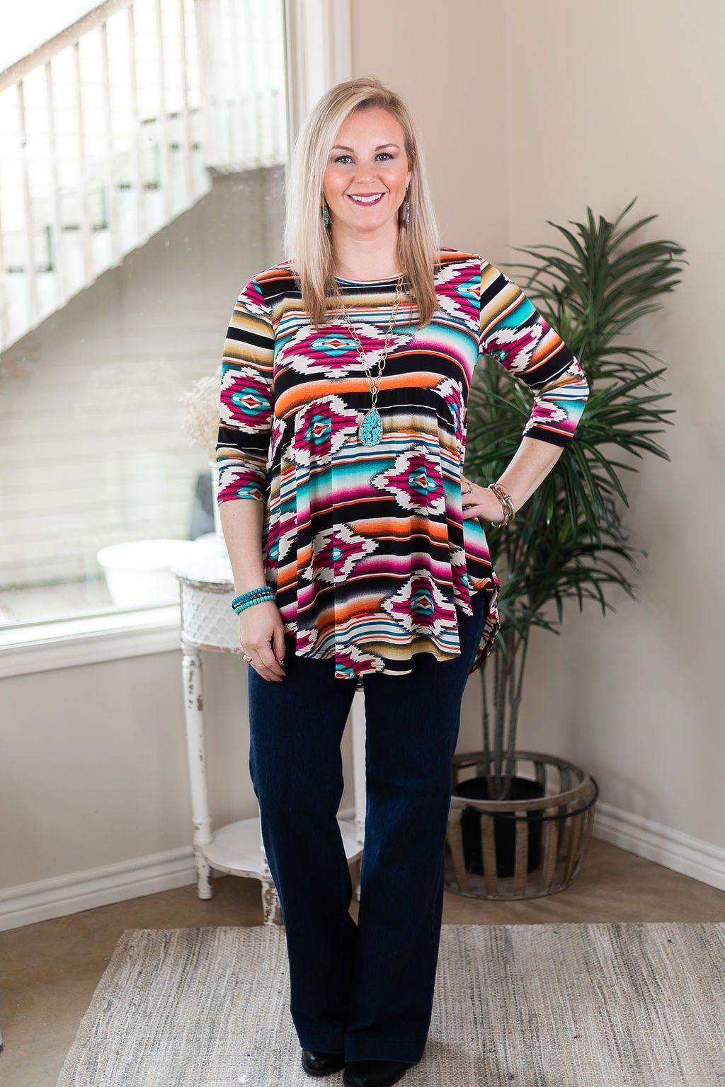 As You Wish Aztec Print Baby Doll Top in Magenta and Gold black turquoise peplum top