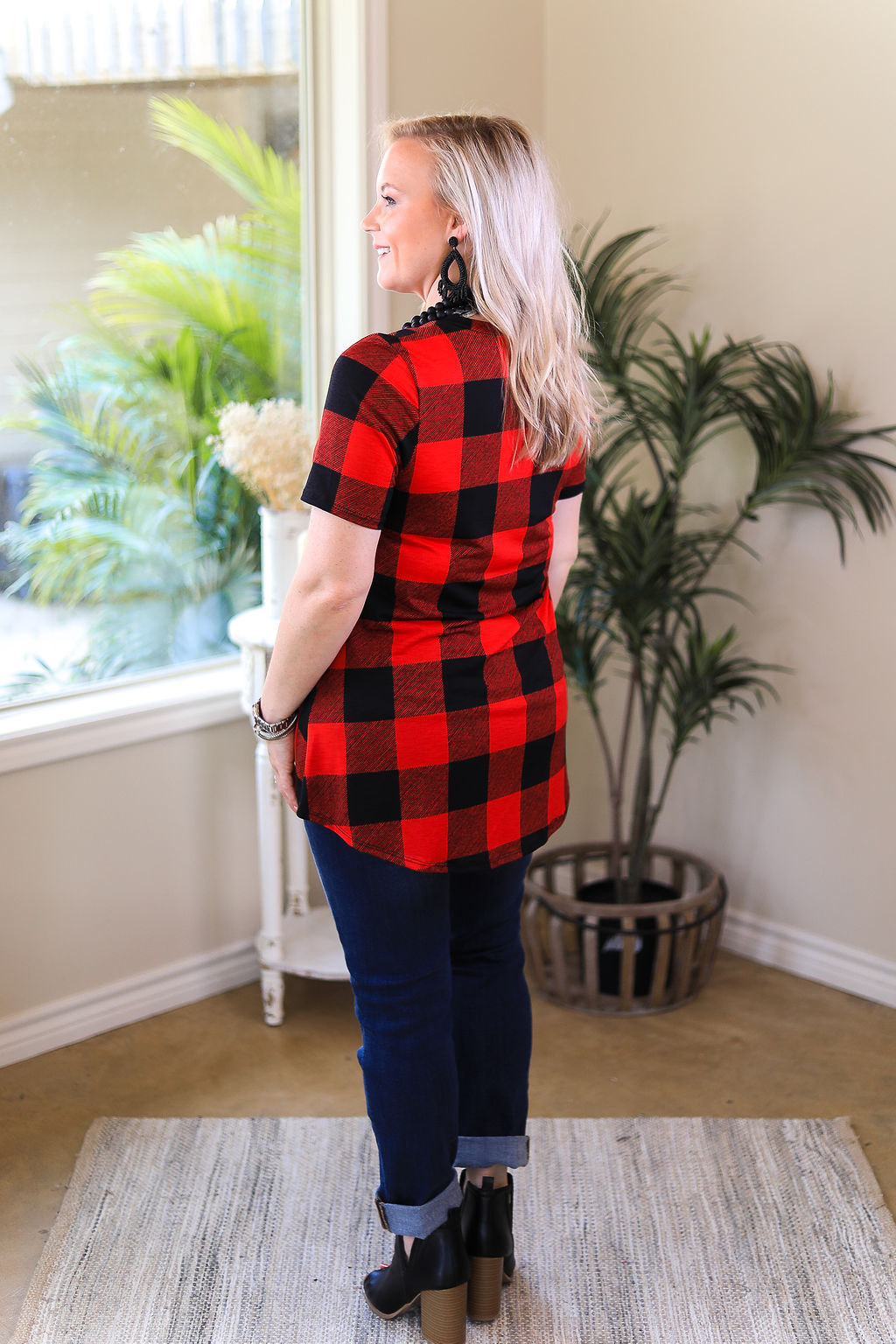 Last Chance Size Small | Just Right Short Sleeve Buffalo Plaid Print Pocket Tee in Red - Giddy Up Glamour Boutique