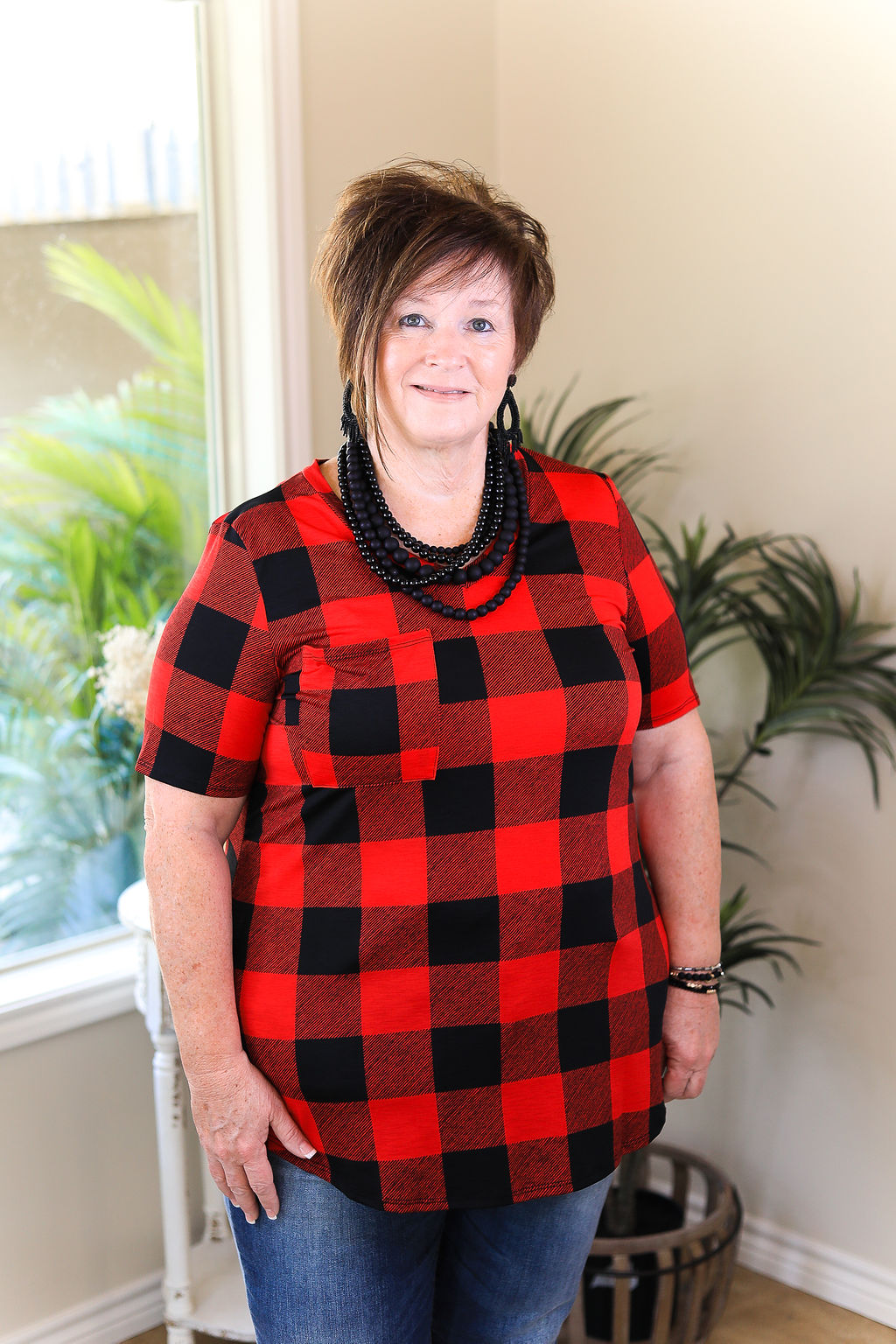Last Chance Size Small | Just Right Short Sleeve Buffalo Plaid Print Pocket Tee in Red - Giddy Up Glamour Boutique