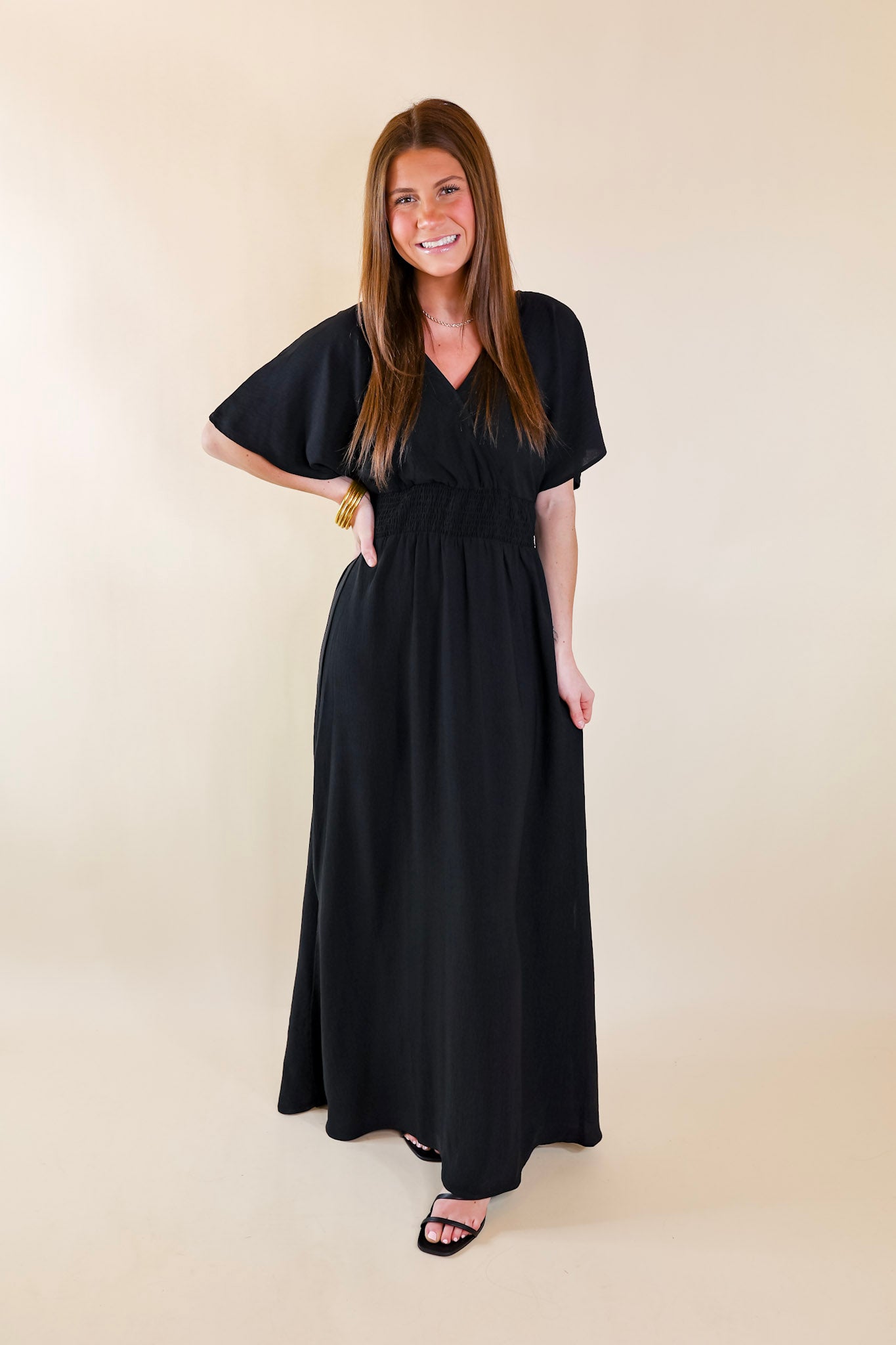 Wildly In Love V Neck Maxi Dress with Smocked Waist in Black - Giddy Up Glamour Boutique