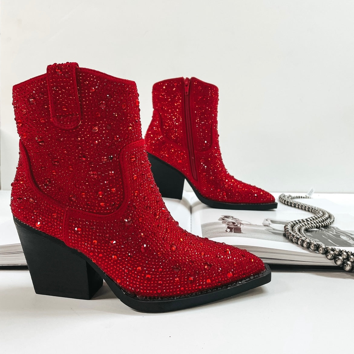 Very G Kady Rhinestone Cowboy Booties in Red