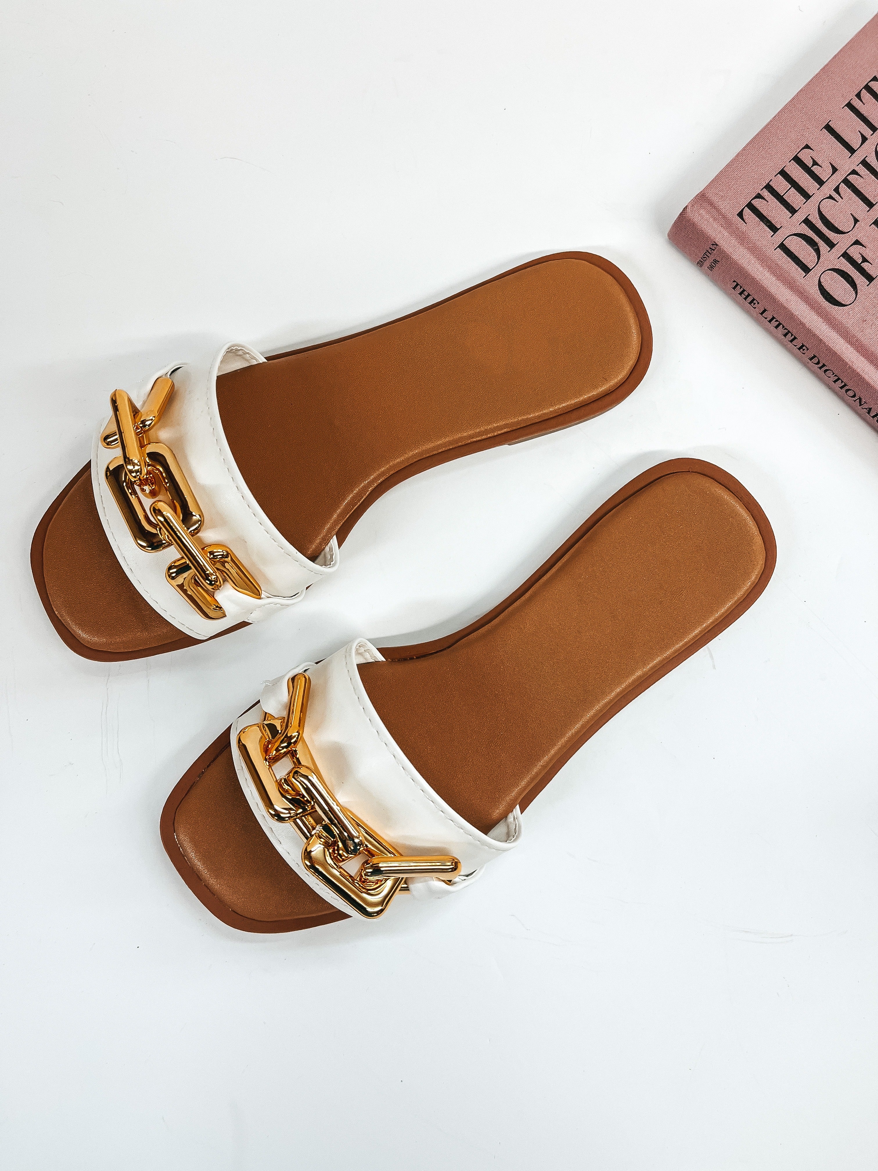 Resort Vibes Slide On Sandals with Gold Chain in White - Giddy Up Glamour Boutique