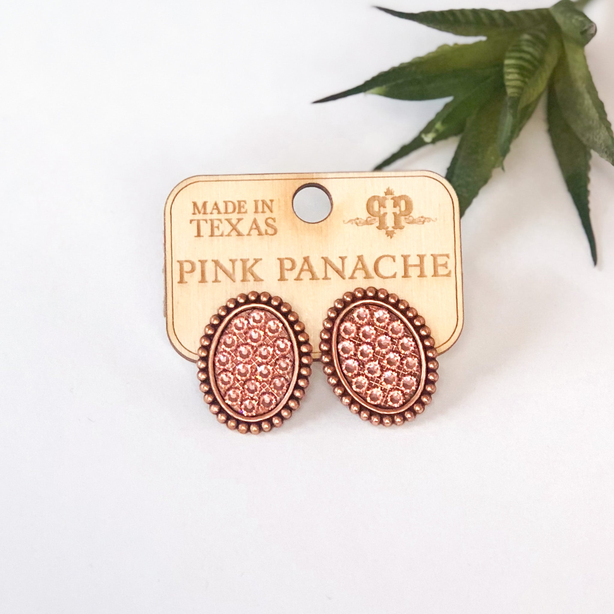 Pink Panache Mini Rose Gold Oval Stud Earrings with Rose Blush Crystals - Giddy Up Glamour Boutique