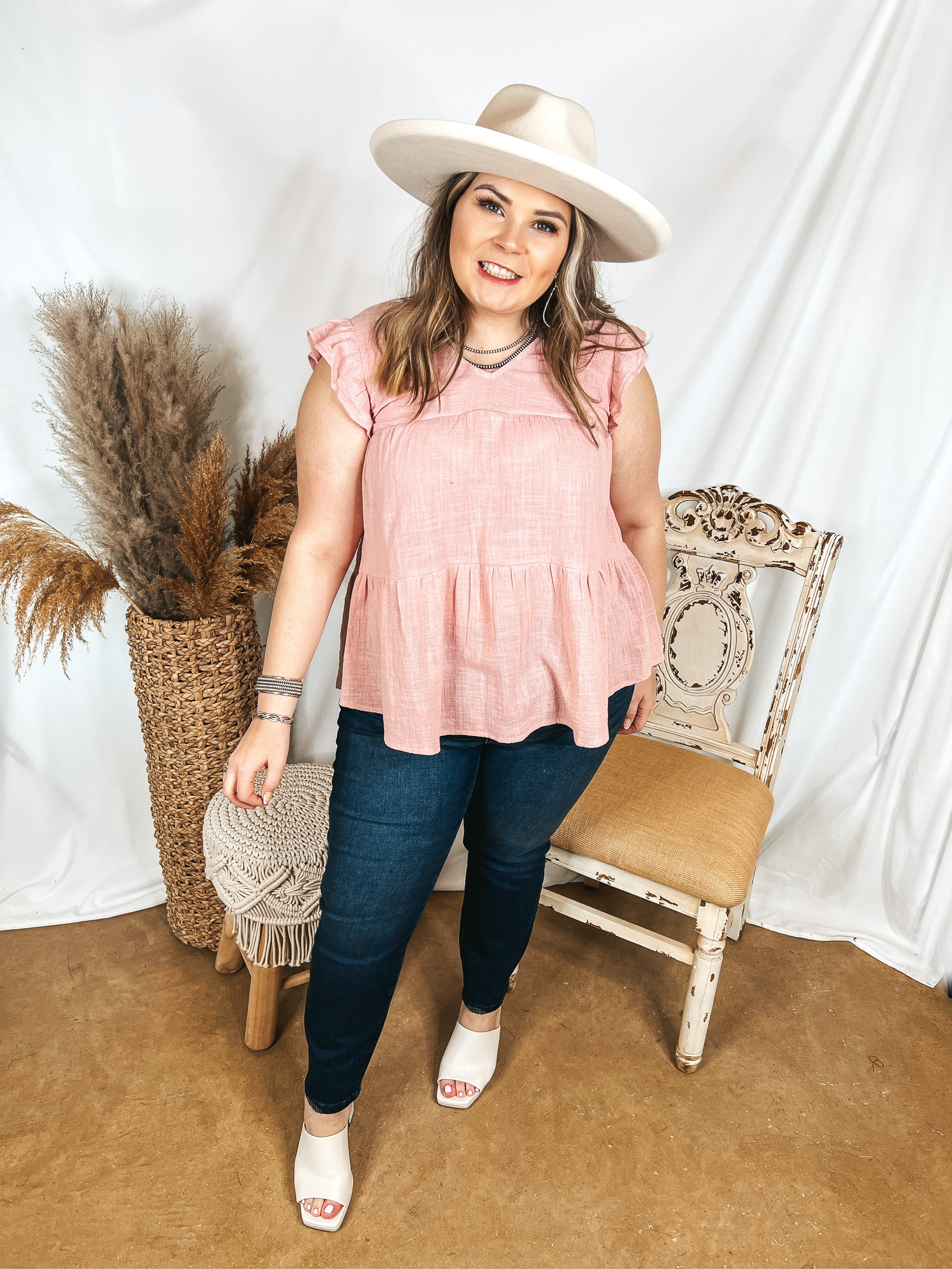 Stay Wonderful Solid Tiered Top with Ruffle Cap Sleeves in Dusty Pink - Giddy Up Glamour Boutique