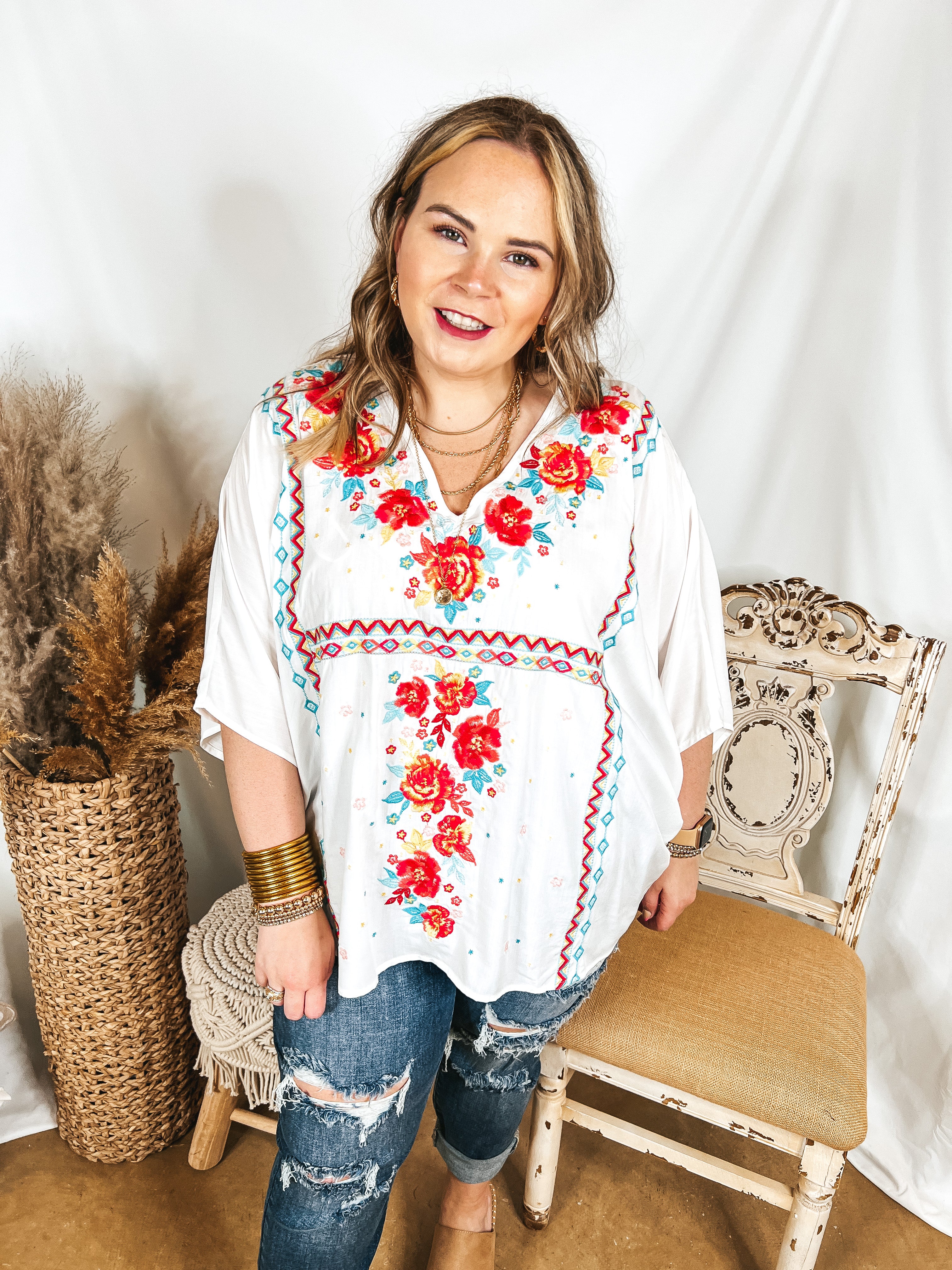 More To The Story Floral Embroidered Poncho Top in White - Giddy Up Glamour Boutique