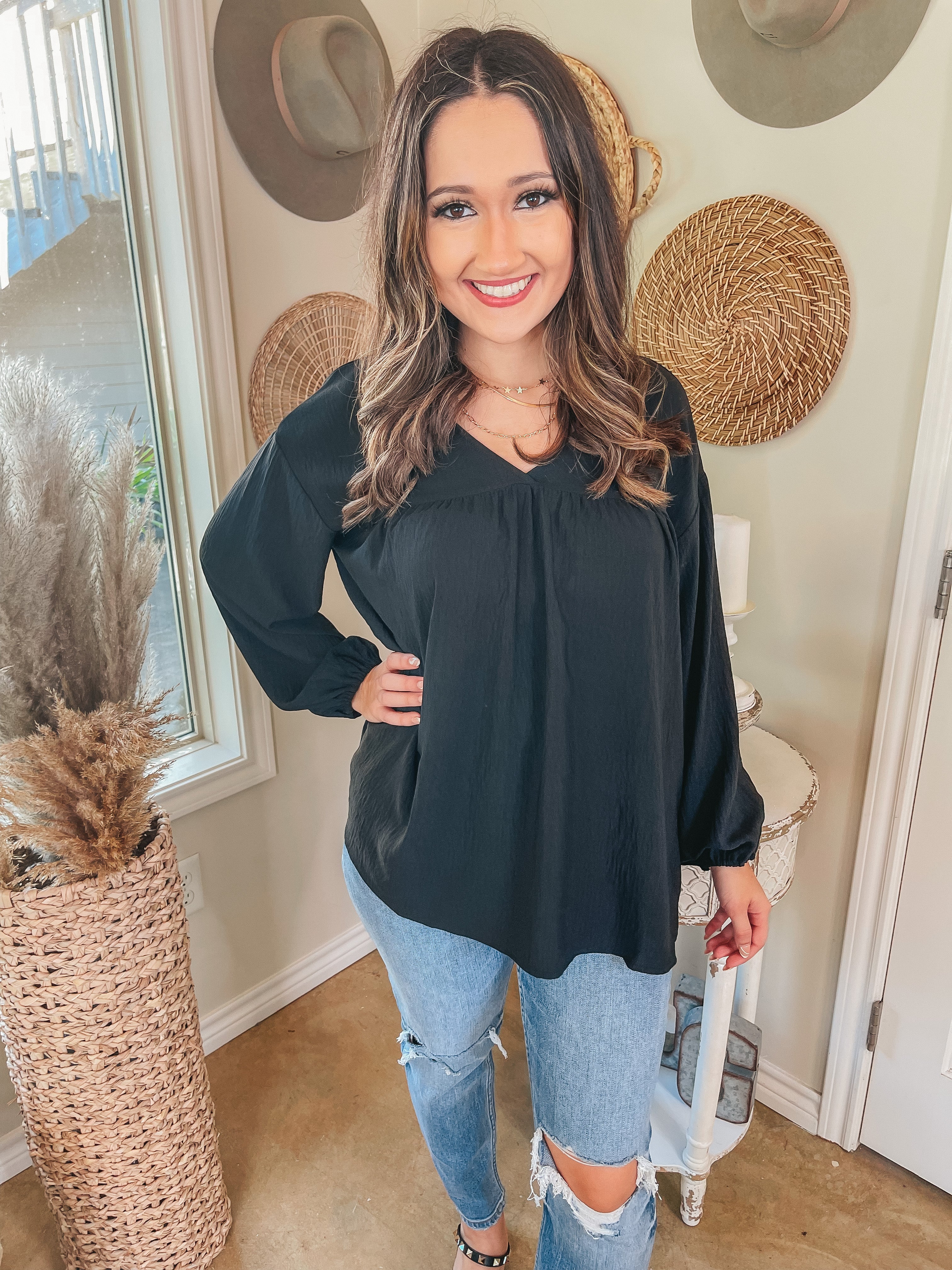 Office Feels Long Sleeve V Neck Babydoll Top in Black - Giddy Up Glamour Boutique