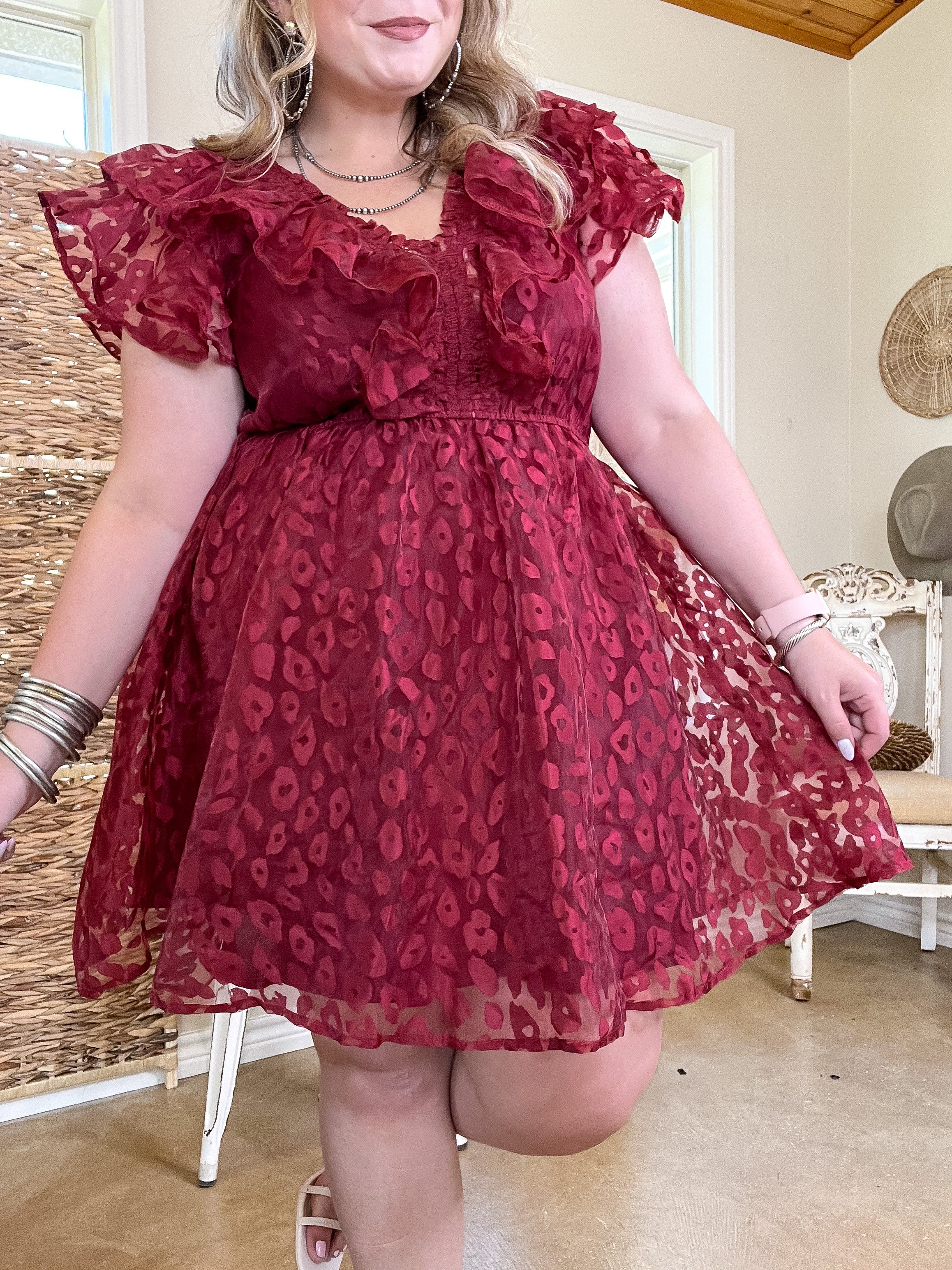 Welcome To Hollywood Sheer Leopard Print Dress with Ruffle Detail in Maroon - Giddy Up Glamour Boutique