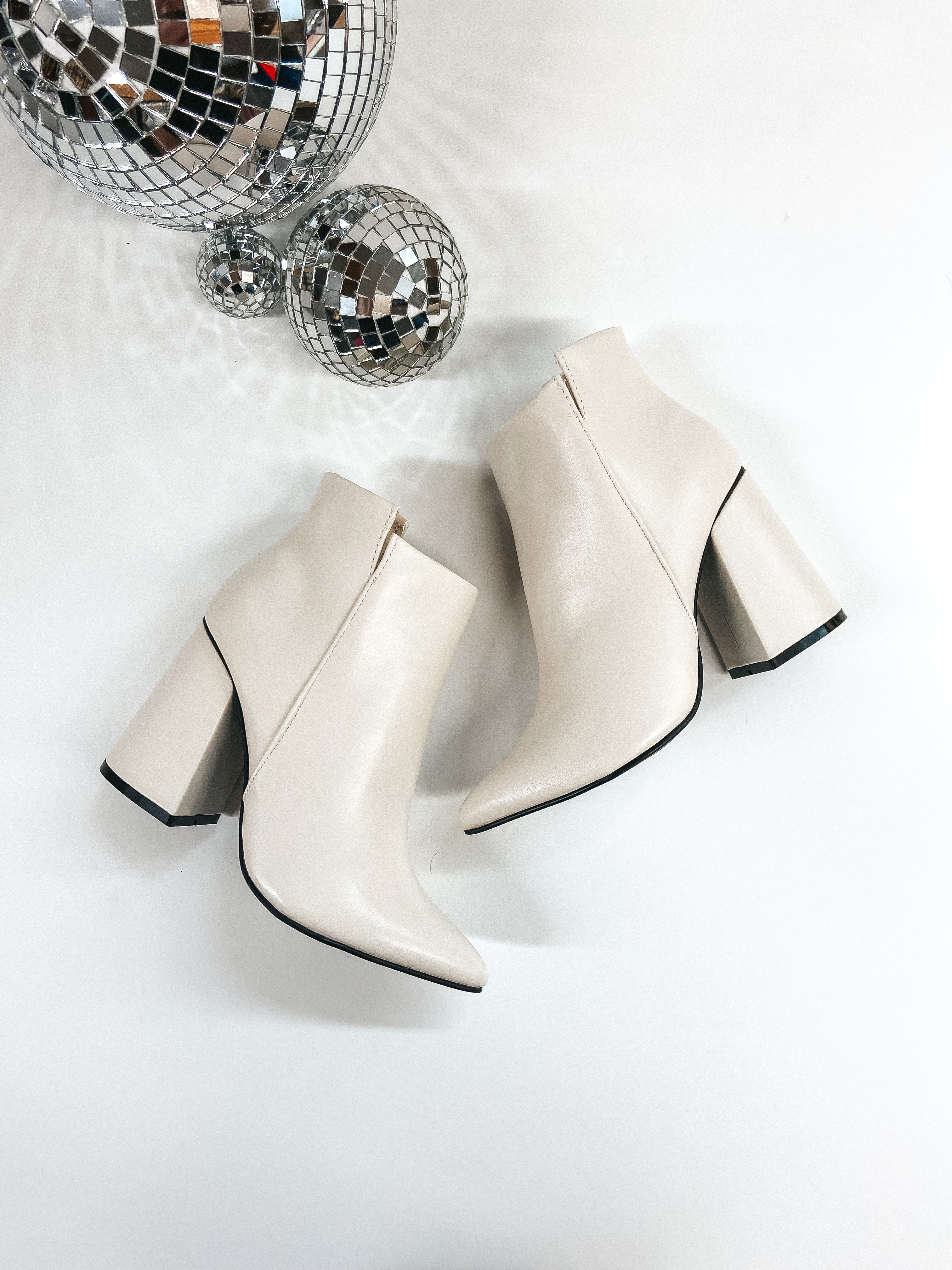 Every Night Pointed Toe Booties with Block Heel in Ivory - Giddy Up Glamour Boutique