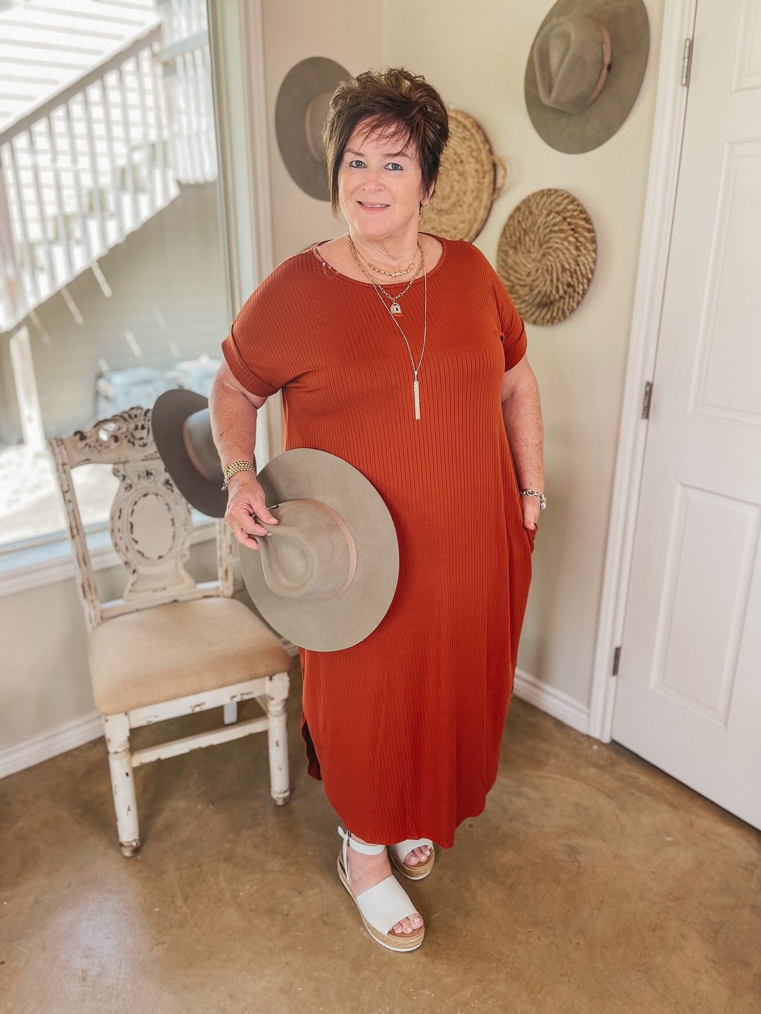 Chill Looks Short Sleeve Ribbed Midi Dress in Rust Red - Giddy Up Glamour Boutique