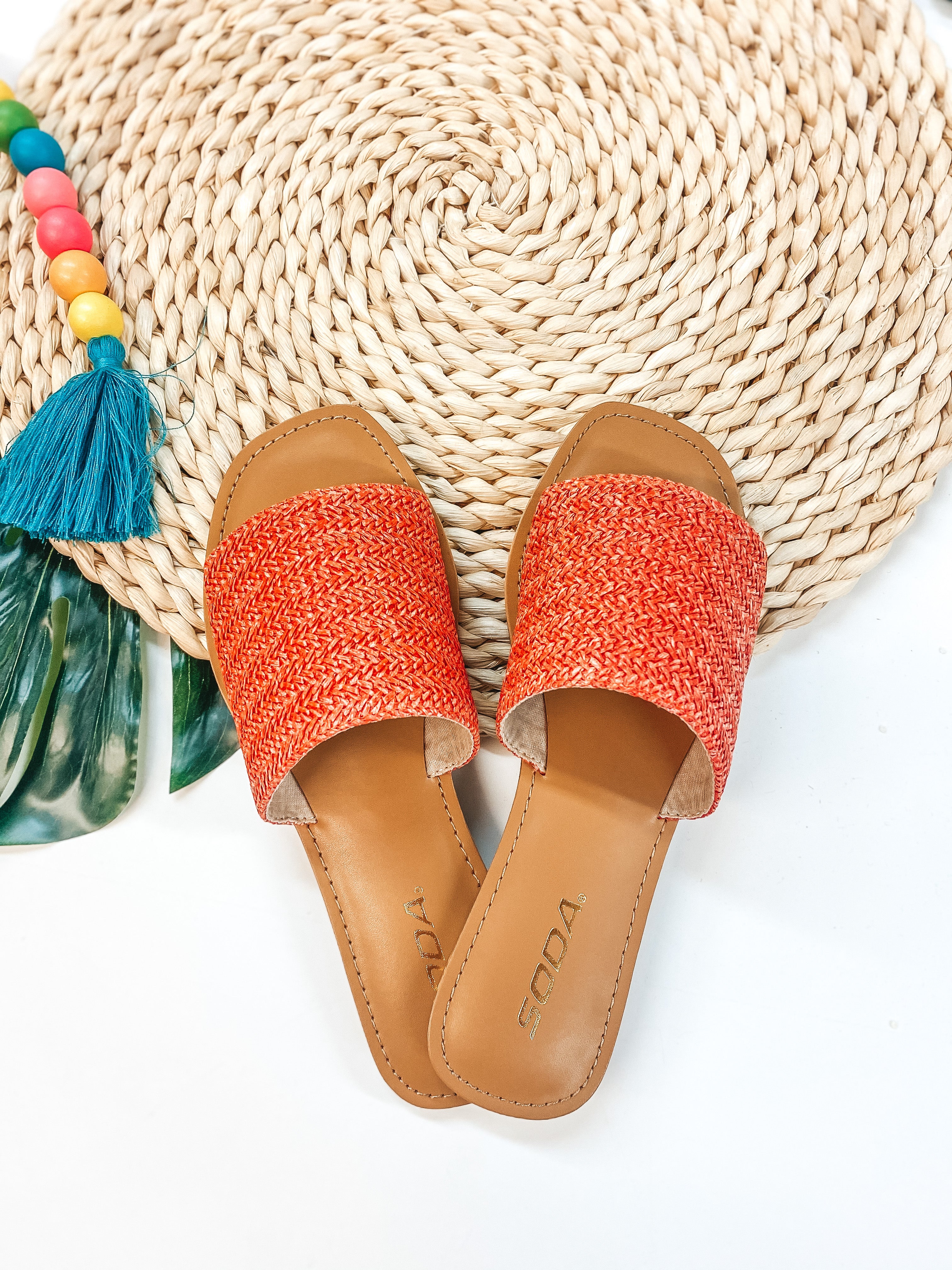 Palm Beach Stroll One Strap Woven Square Toe Slip On Sandals in Coral - Giddy Up Glamour Boutique
