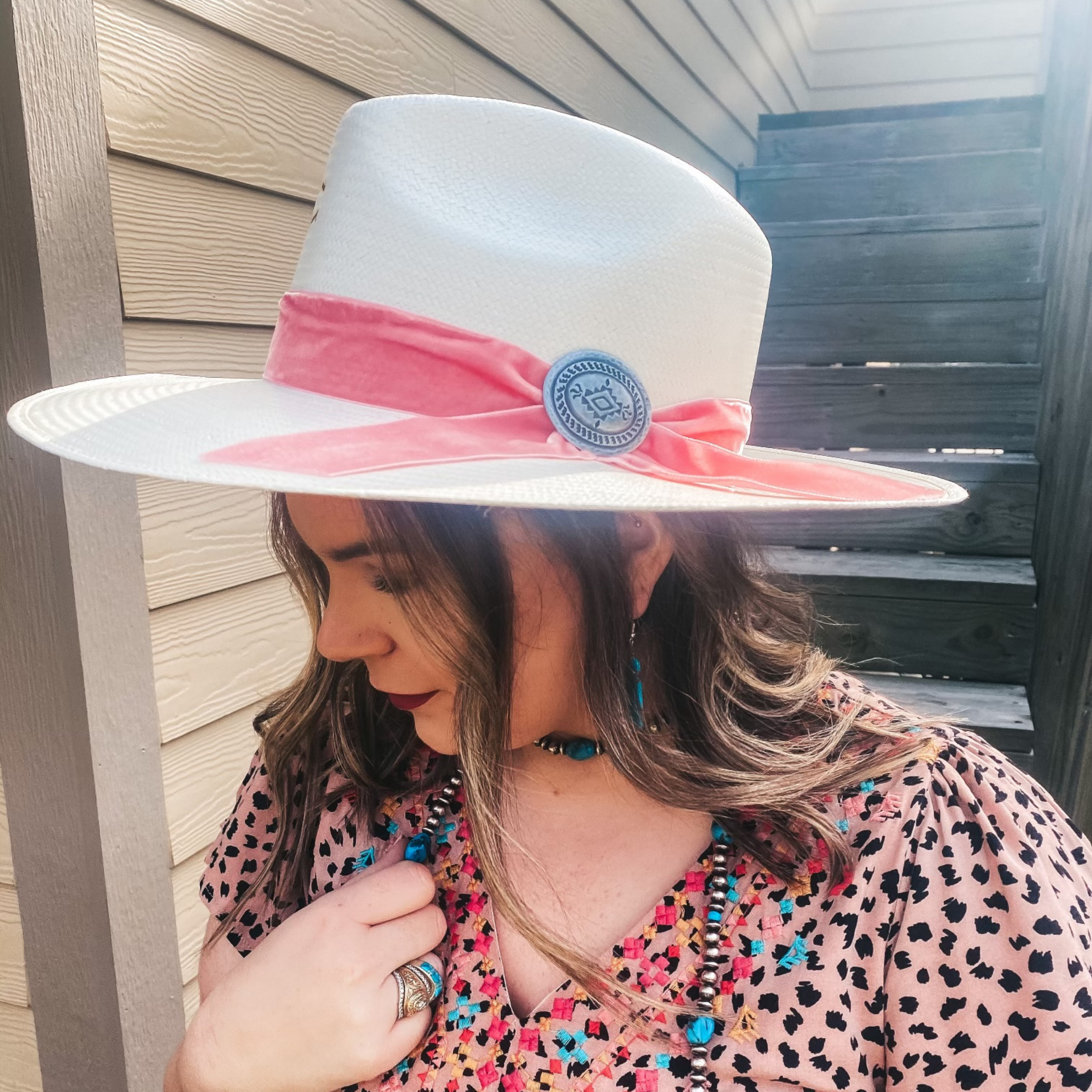 Charlie 1 Horse | Only Prettier Straw Hat with Pink Velvet Ribbon Band and Barbosa Oval Concho Pin - Giddy Up Glamour Boutique
