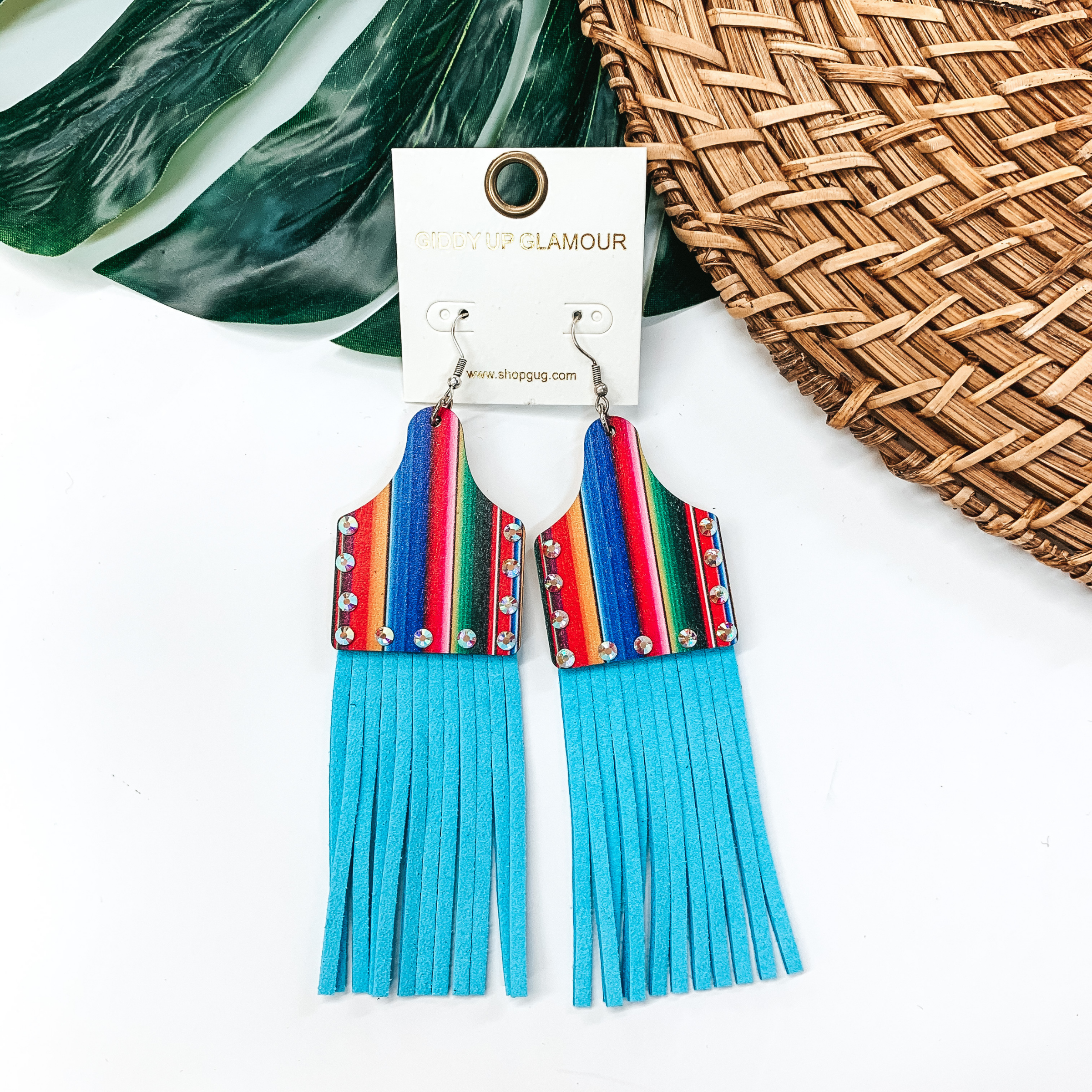 Serape Cattle Tag Wood Earrings with Turquoise Tassels - Giddy Up Glamour Boutique