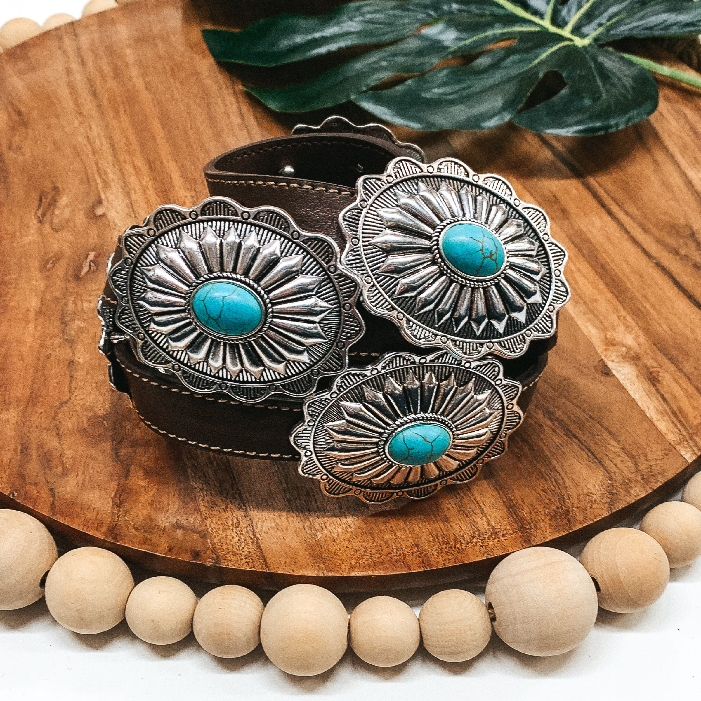 Brown Belt with Silver Tone Conchos and Turquoise Stones - Giddy Up Glamour Boutique