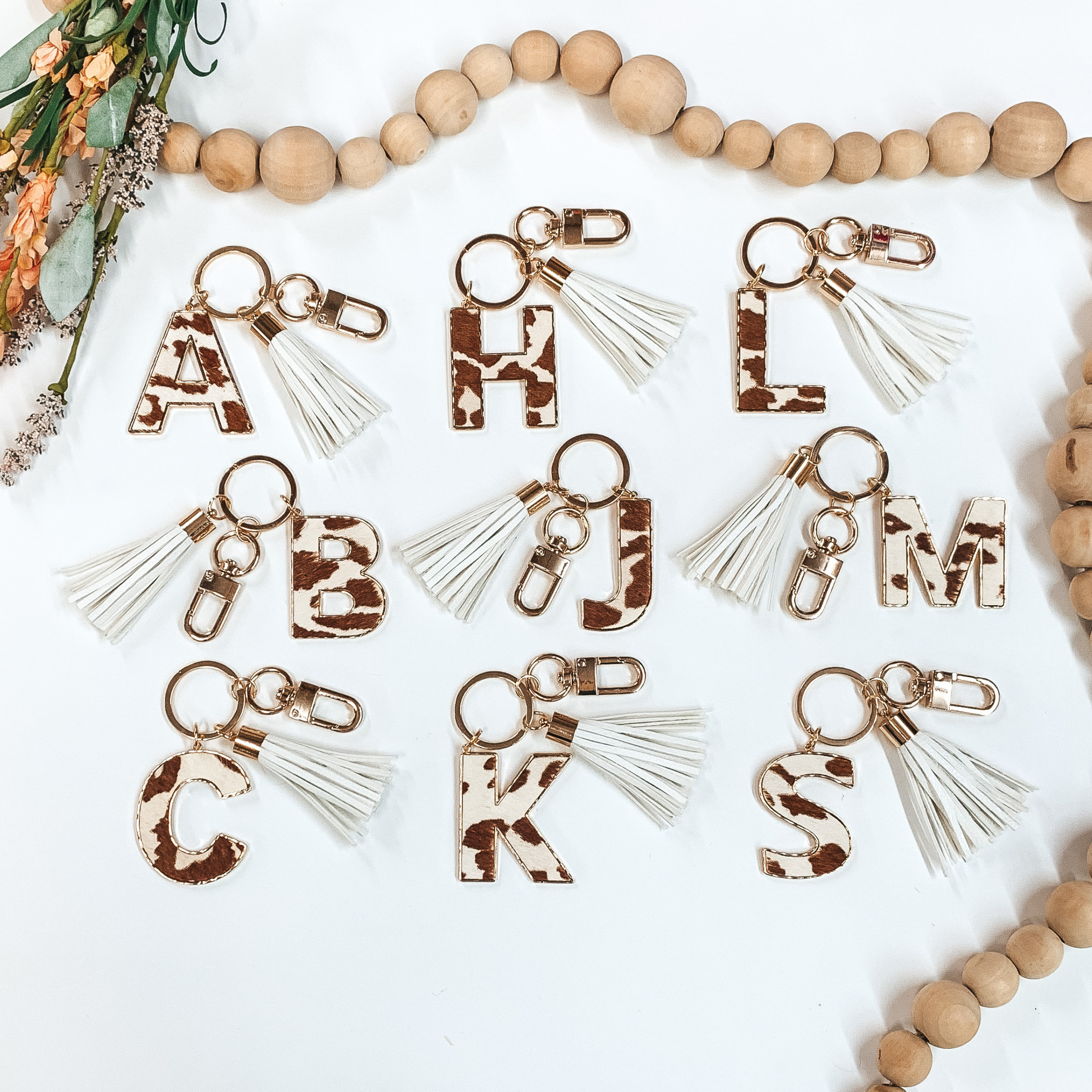 Cowhide Genuine Leather Initial Keychains in Gold - Giddy Up Glamour Boutique