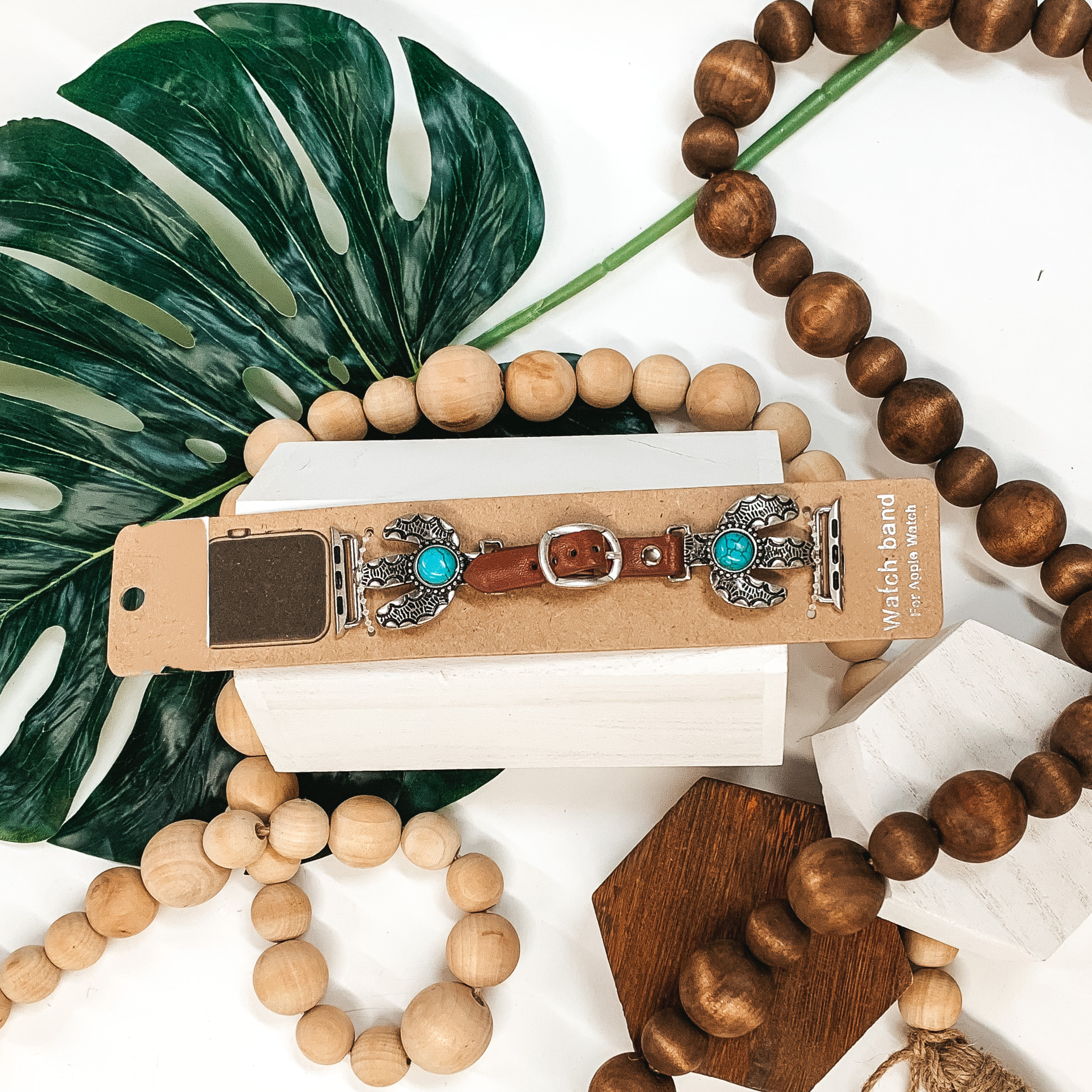 Brown Apple Watch Band with Silver Cactus Pendants and Turquoise Center Stones - Giddy Up Glamour Boutique