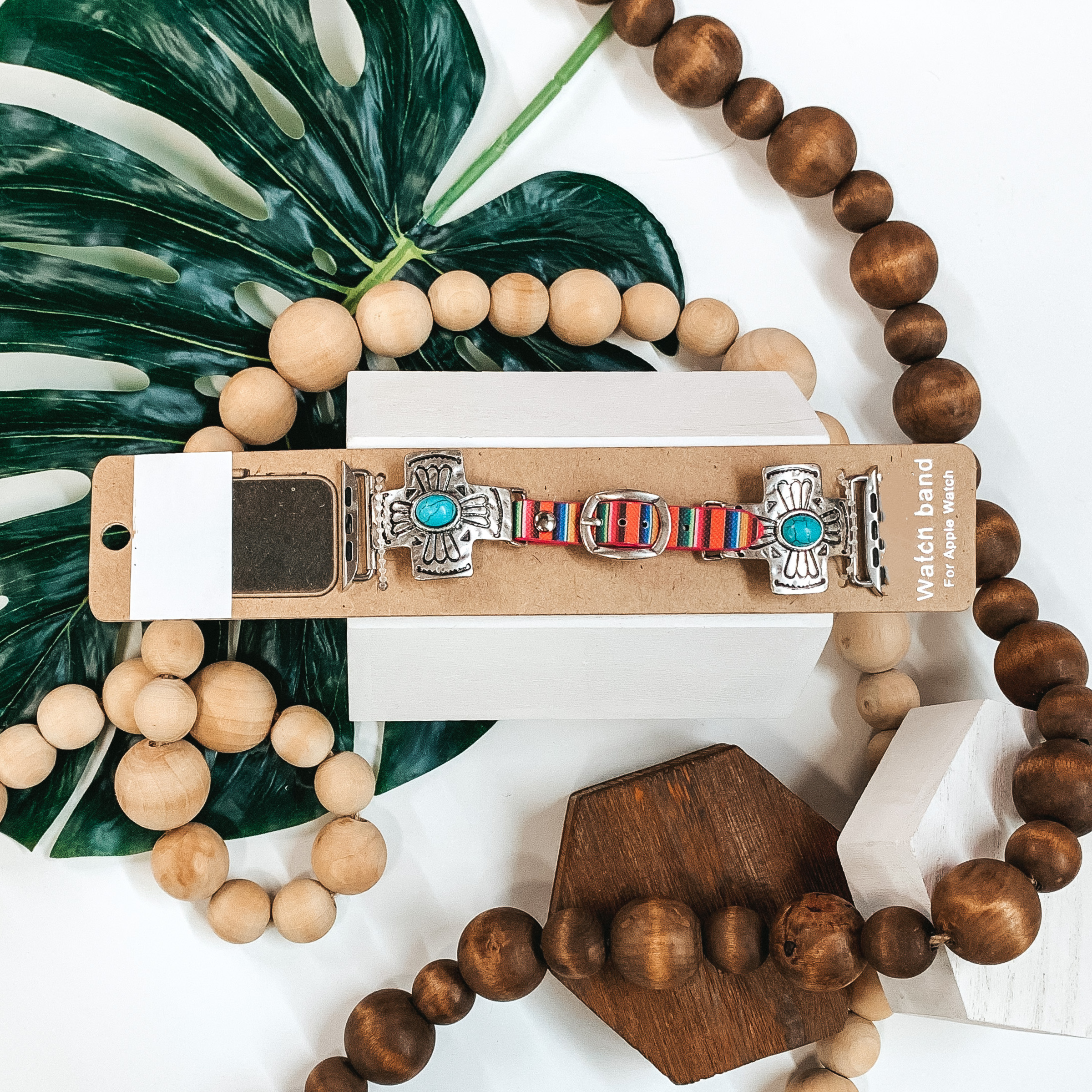 Silver Cross with Turquoise Stone Apple Watch Band in Serape - Giddy Up Glamour Boutique