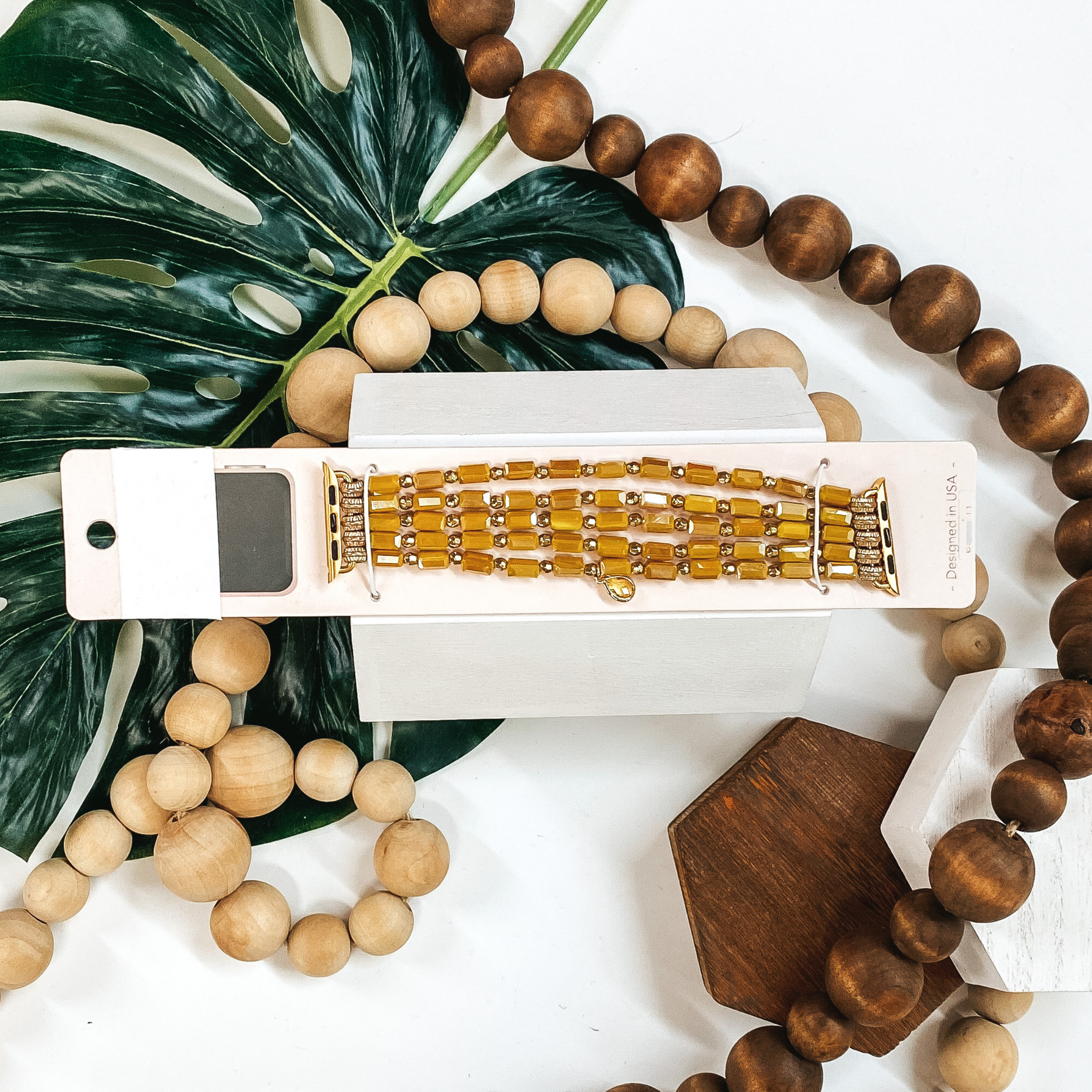 5 Strand Beaded Apple Watch Band in Mustard Yellow - Giddy Up Glamour Boutique