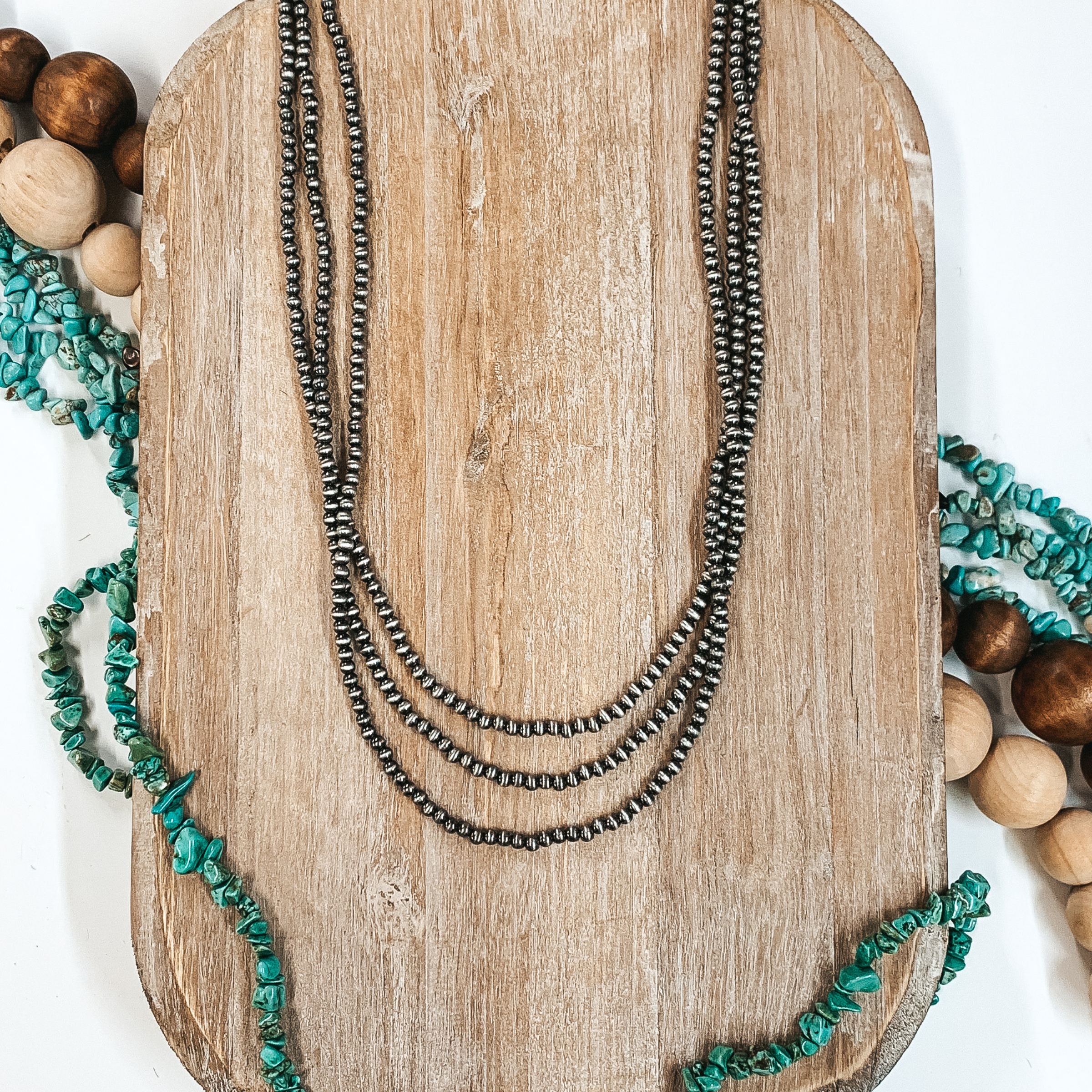 Three Strands of Long Faux Navajo Pearls in Silver Tone - Giddy Up Glamour Boutique