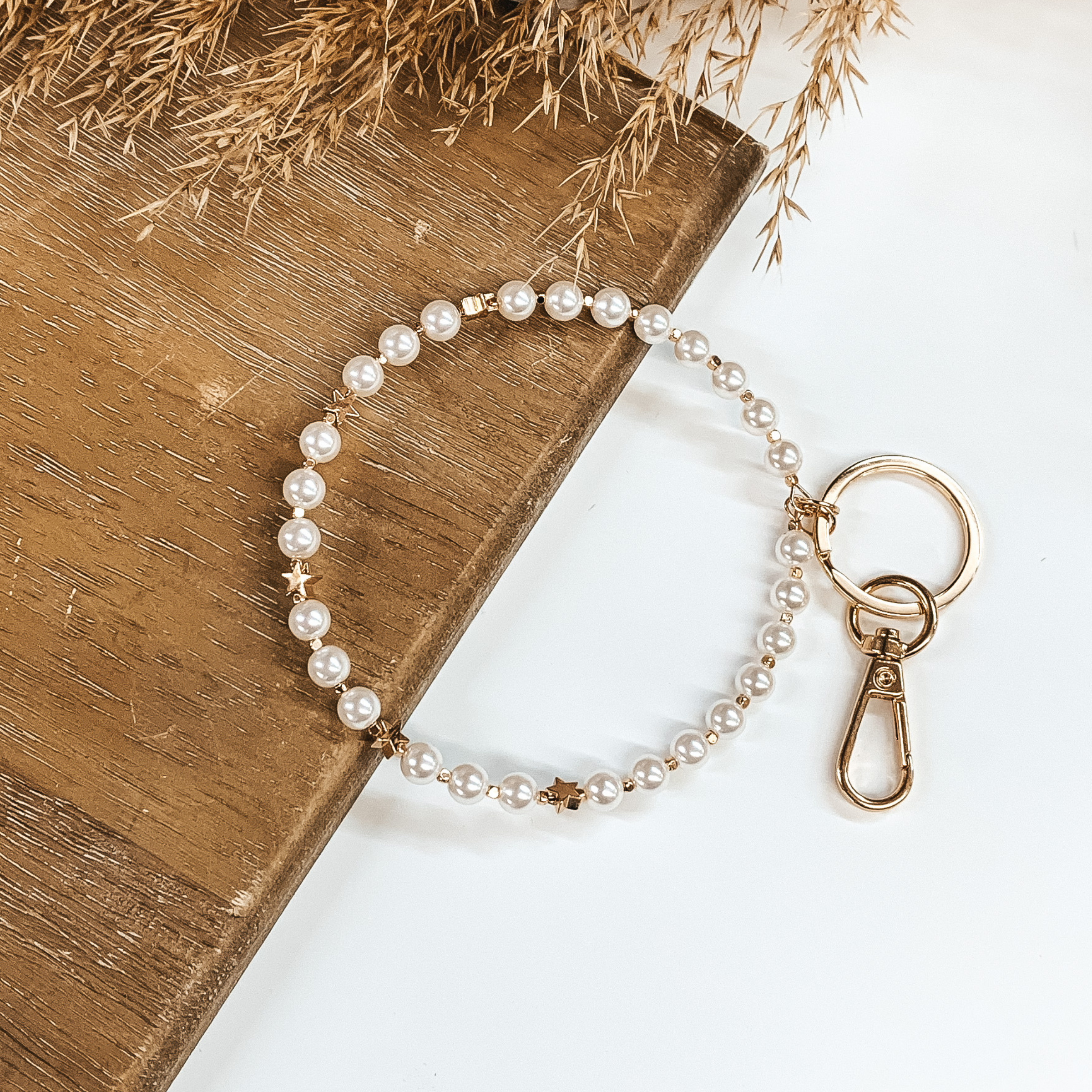Pearly Whites Bangle Key Ring with Gold Stars - Giddy Up Glamour Boutique