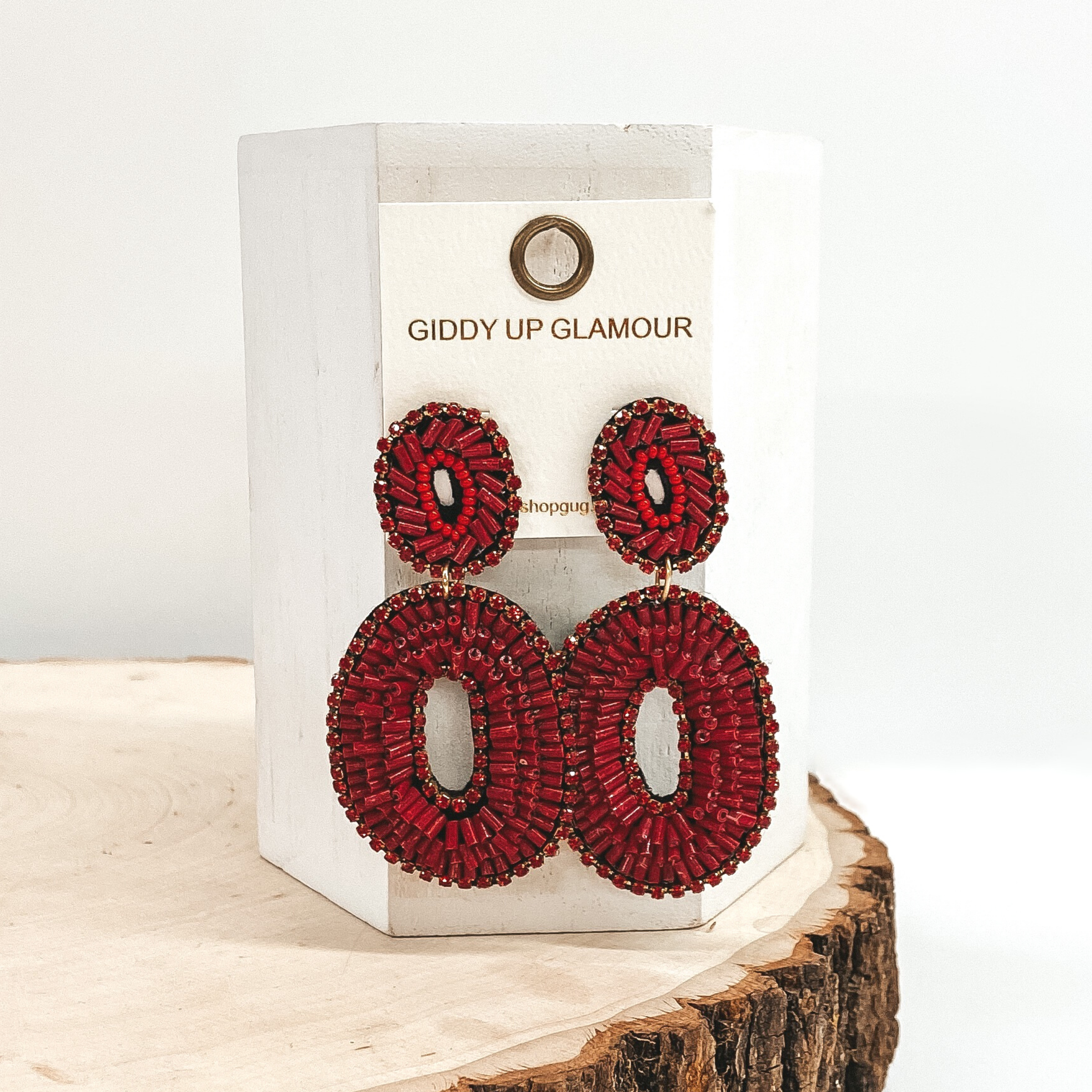 Bugle Bead Oval Earrings in Red - Giddy Up Glamour Boutique