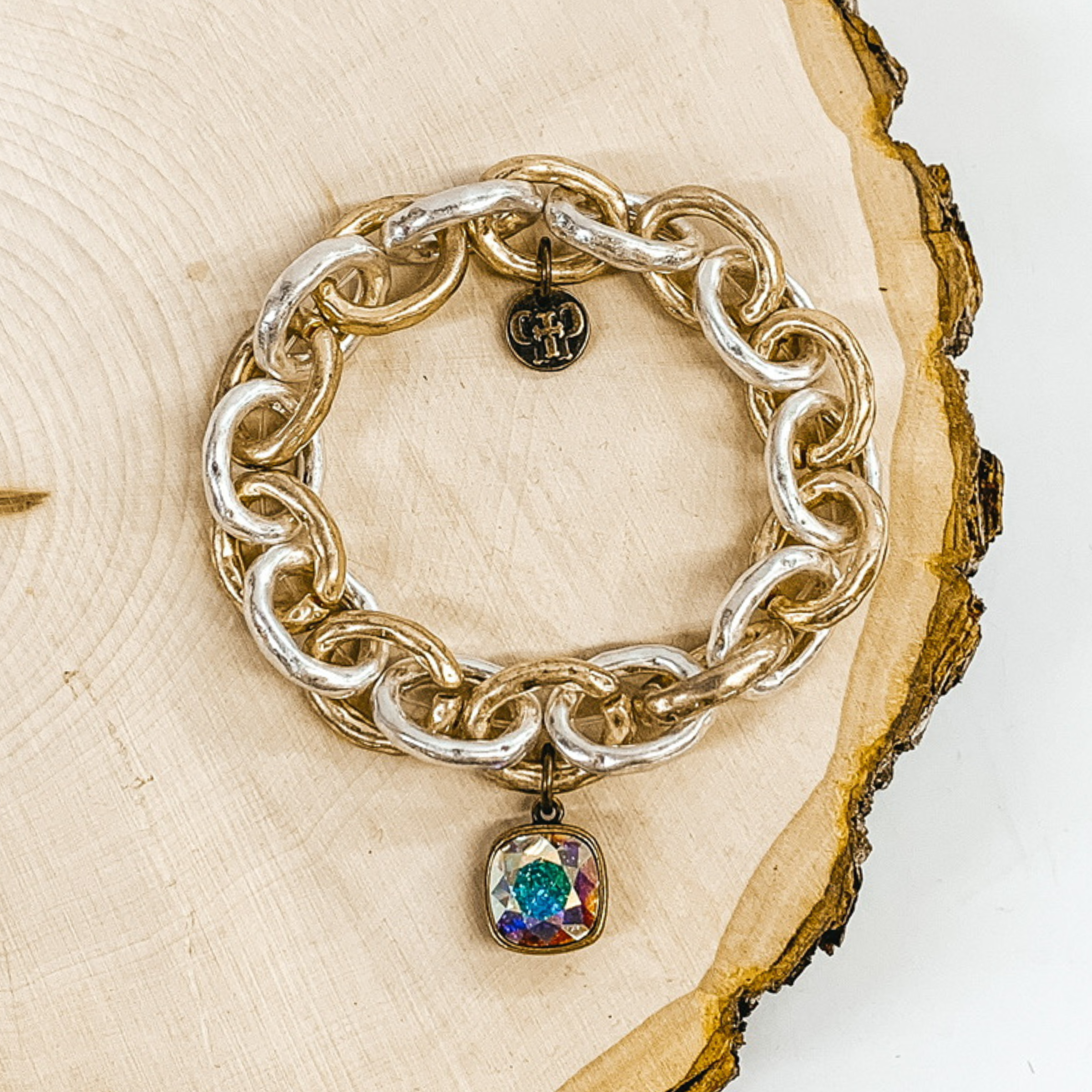 gold and silver chained bracelet with ab crystal charm in bronze