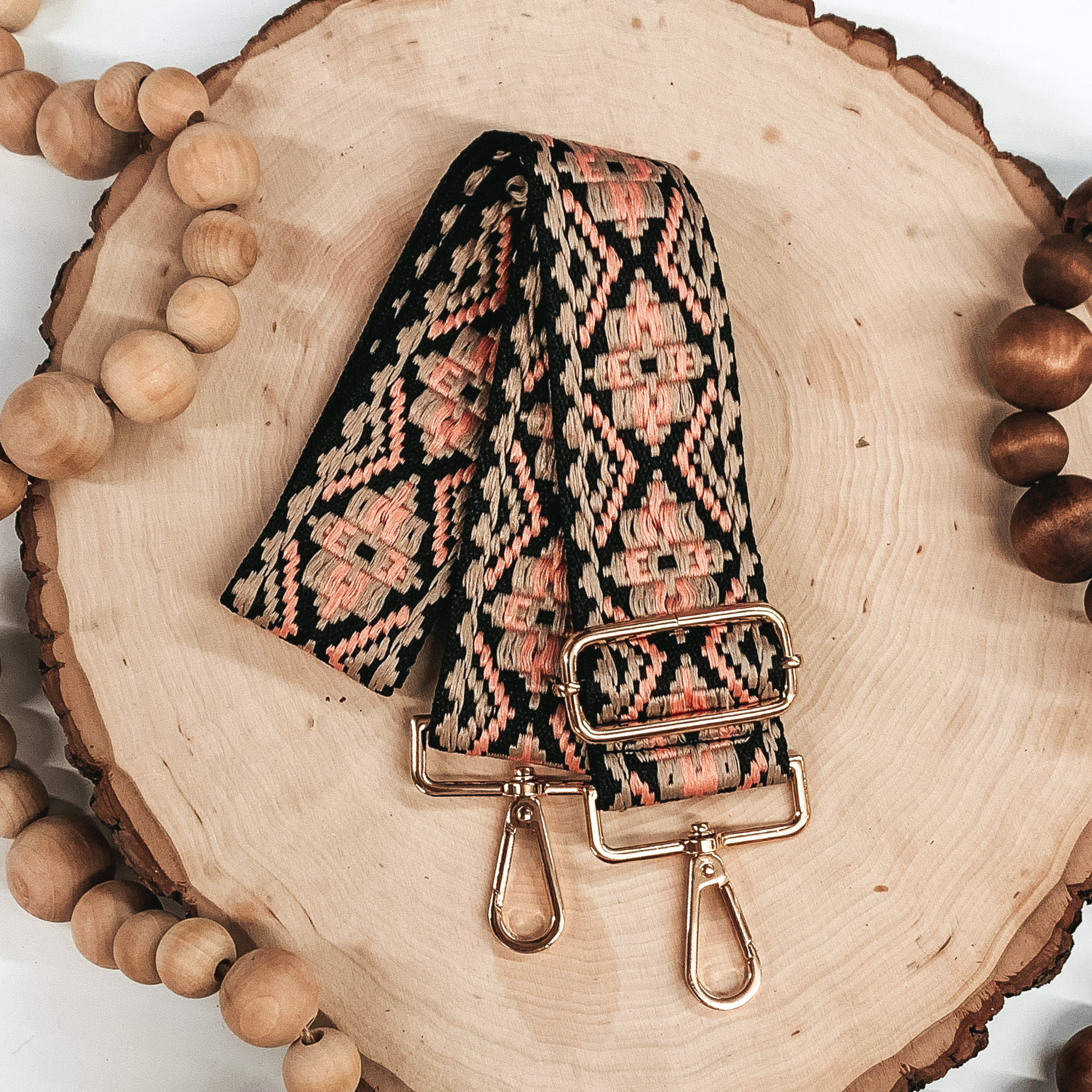 peach and beige aztec designed removeable purse strap 