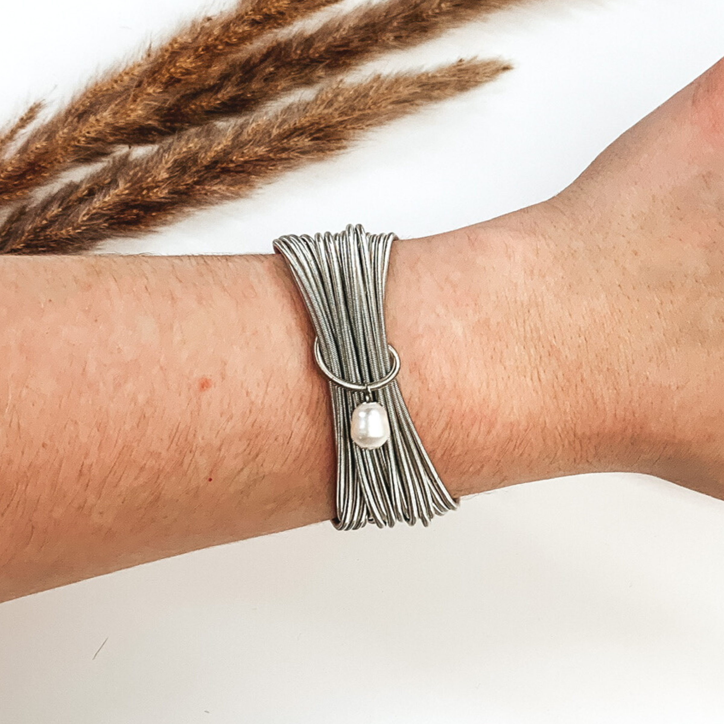 Guitar String Elastic Bracelet Set in Silver with a Pearl Charm - Giddy Up Glamour Boutique