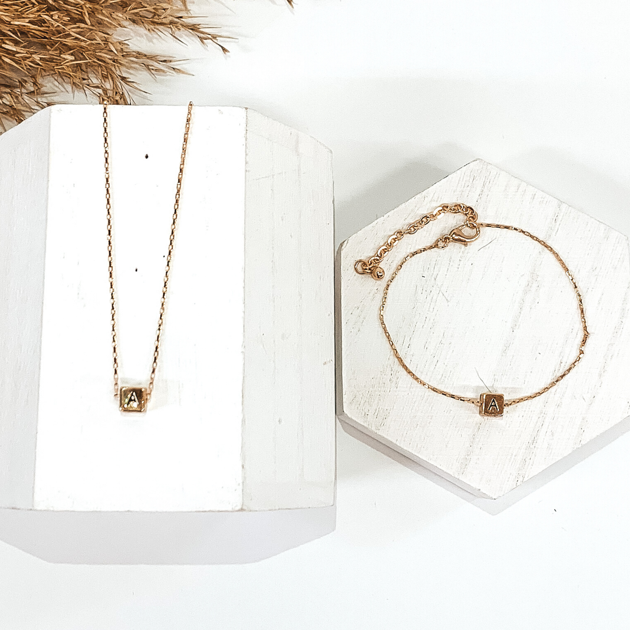 Initial Box Charm Necklace and Bracelet Duo in Gold - Giddy Up Glamour Boutique