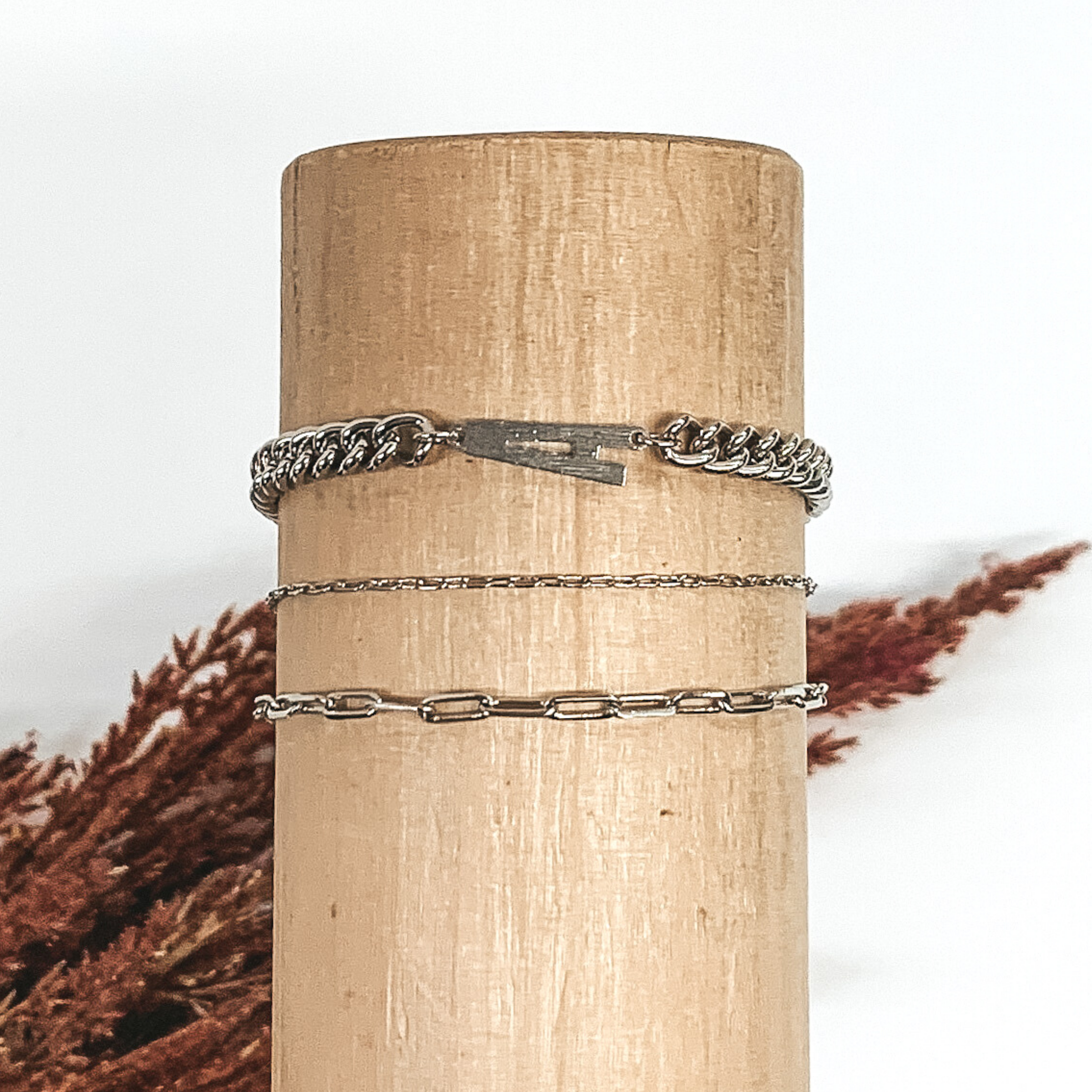 Initial Multi Chain Bracelet Set in Silver - Giddy Up Glamour Boutique