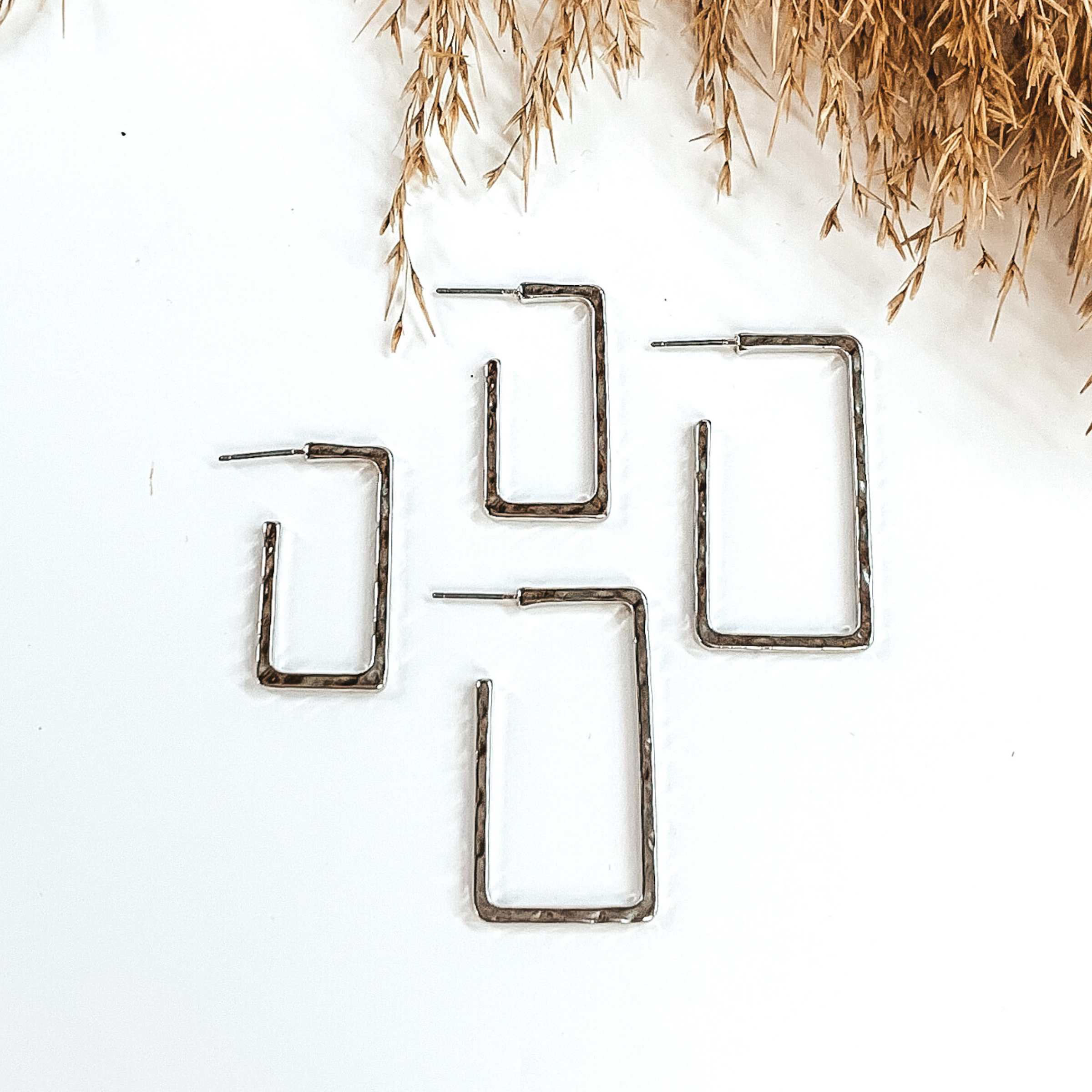 Large Hammered Rectangle Hoops in Silver - Giddy Up Glamour Boutique