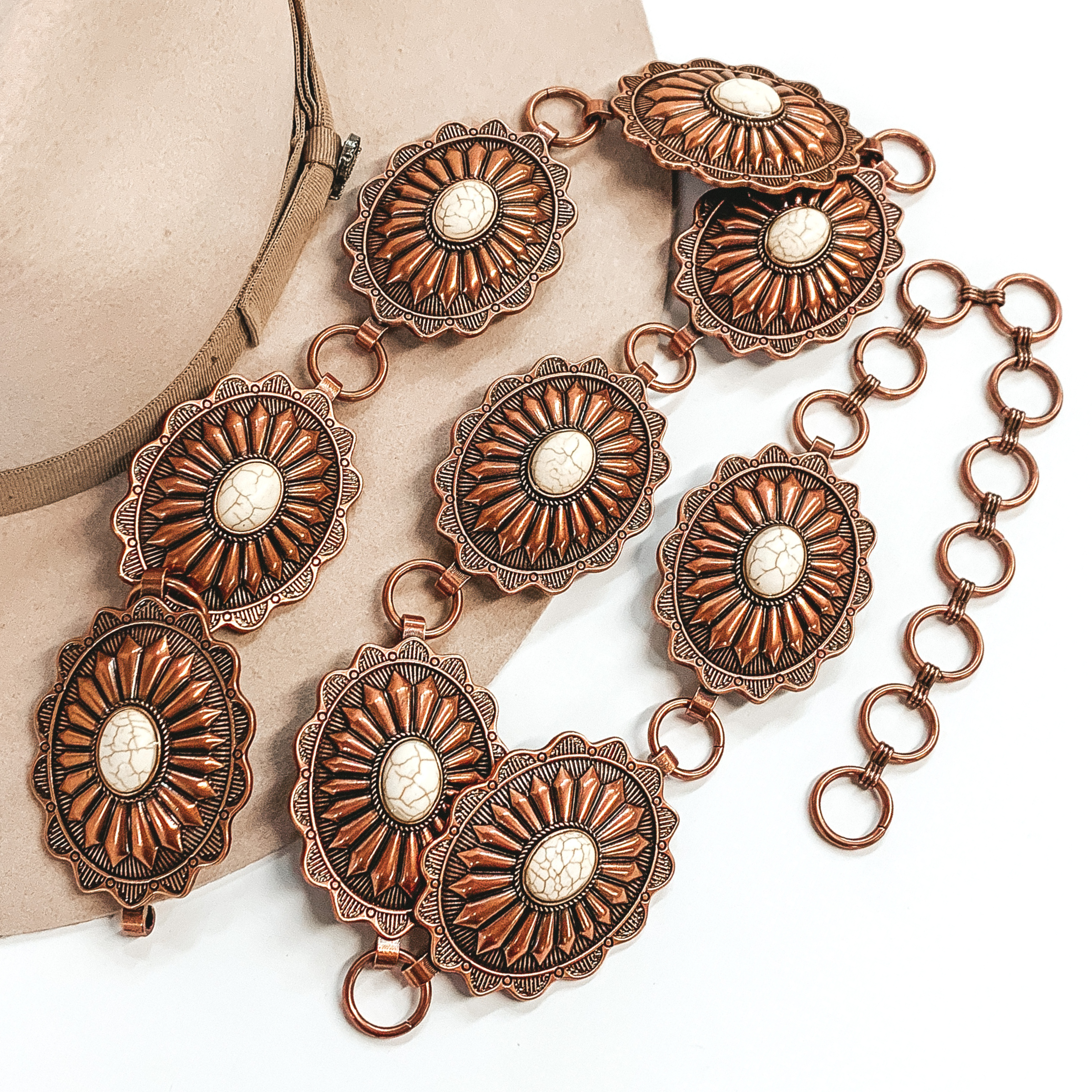 Concho Belt with Center Faux Ivory Stones in Copper Tone - Giddy Up Glamour Boutique