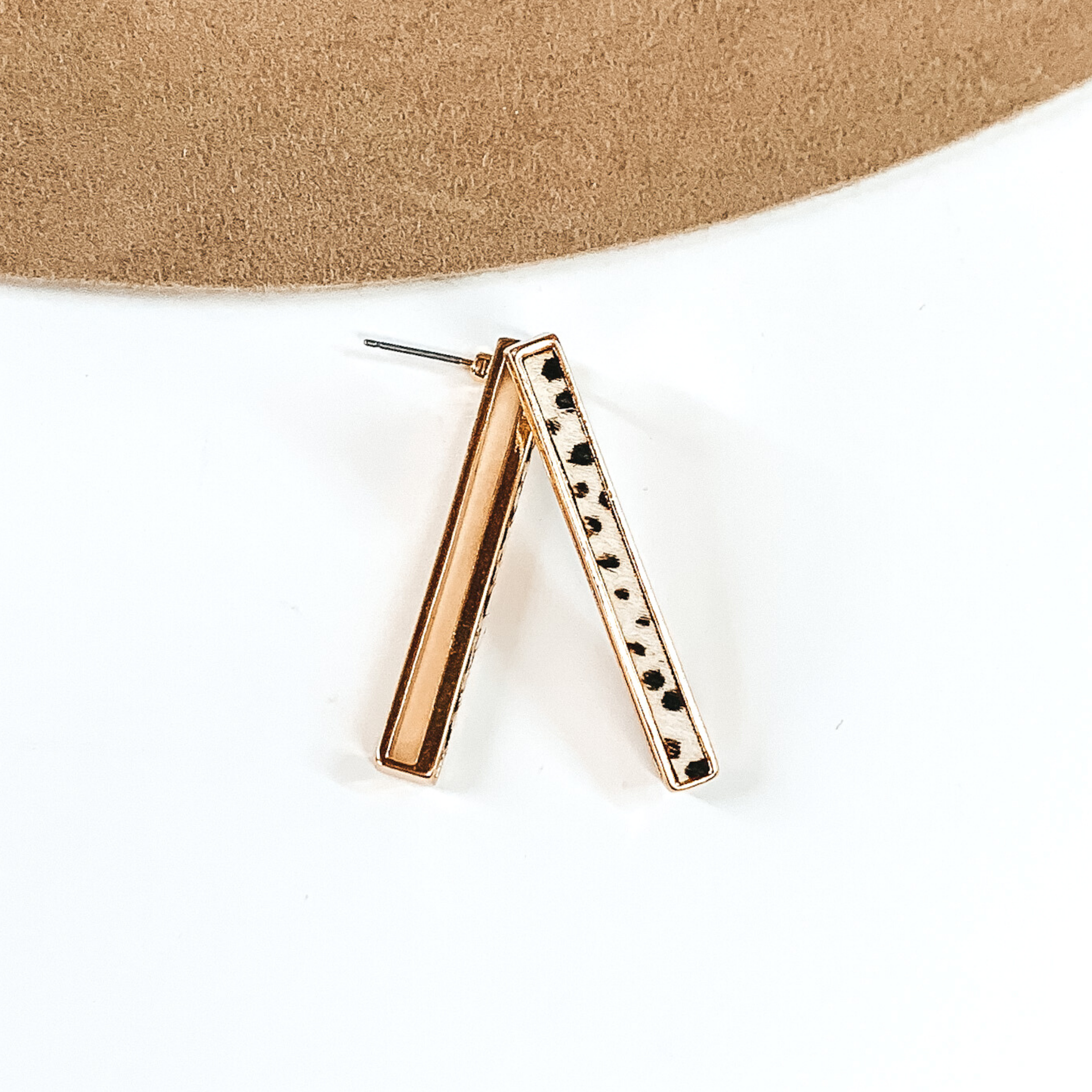 Rectangle Bar Earrings with White Dotted Print Inlay in Gold - Giddy Up Glamour Boutique