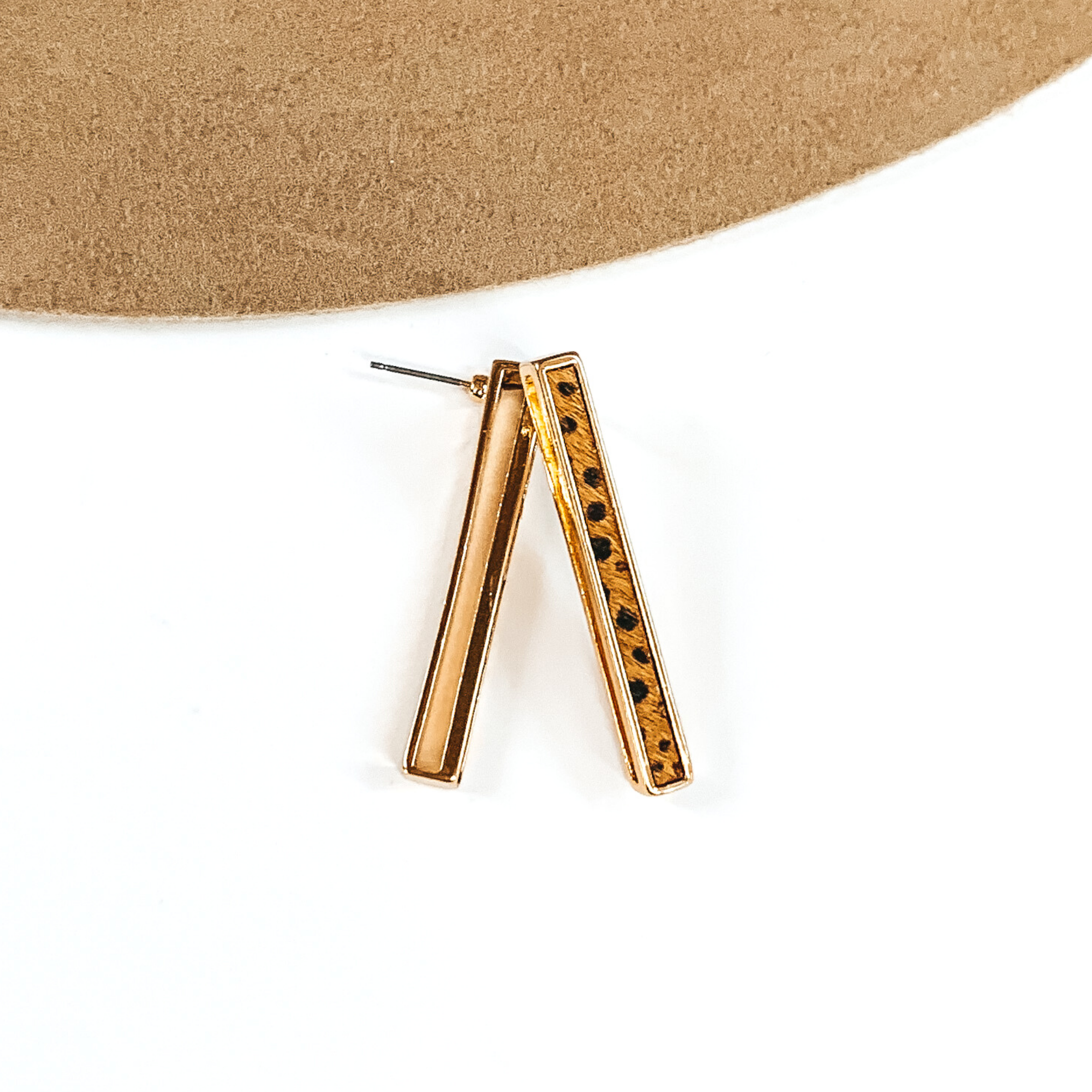 Rectangle Bar Earrings with Brown Dotted Print Inlay in Gold - Giddy Up Glamour Boutique