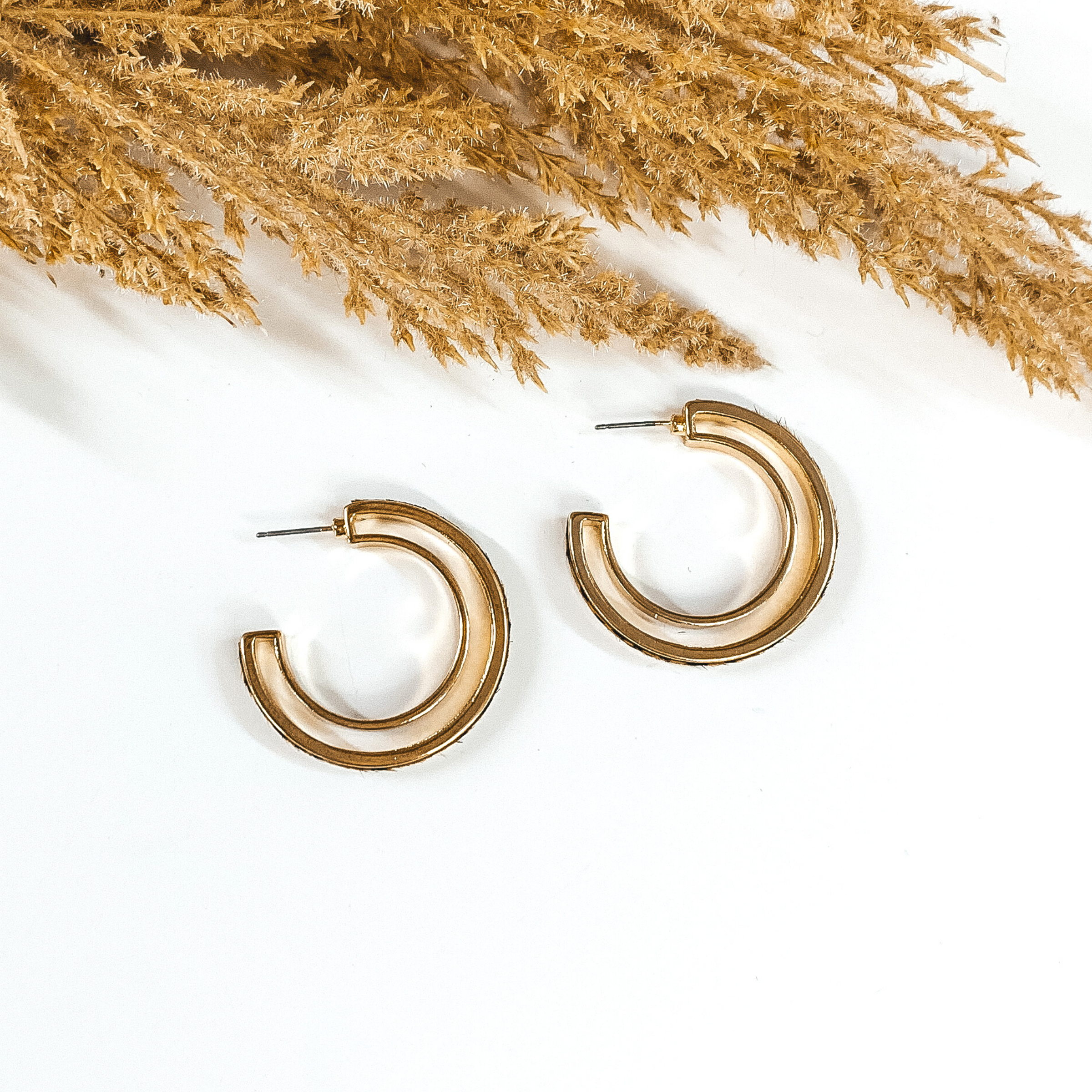 Gold Double Circle Hoop Earrings with Brown Animal Print Inlay - Giddy Up Glamour Boutique