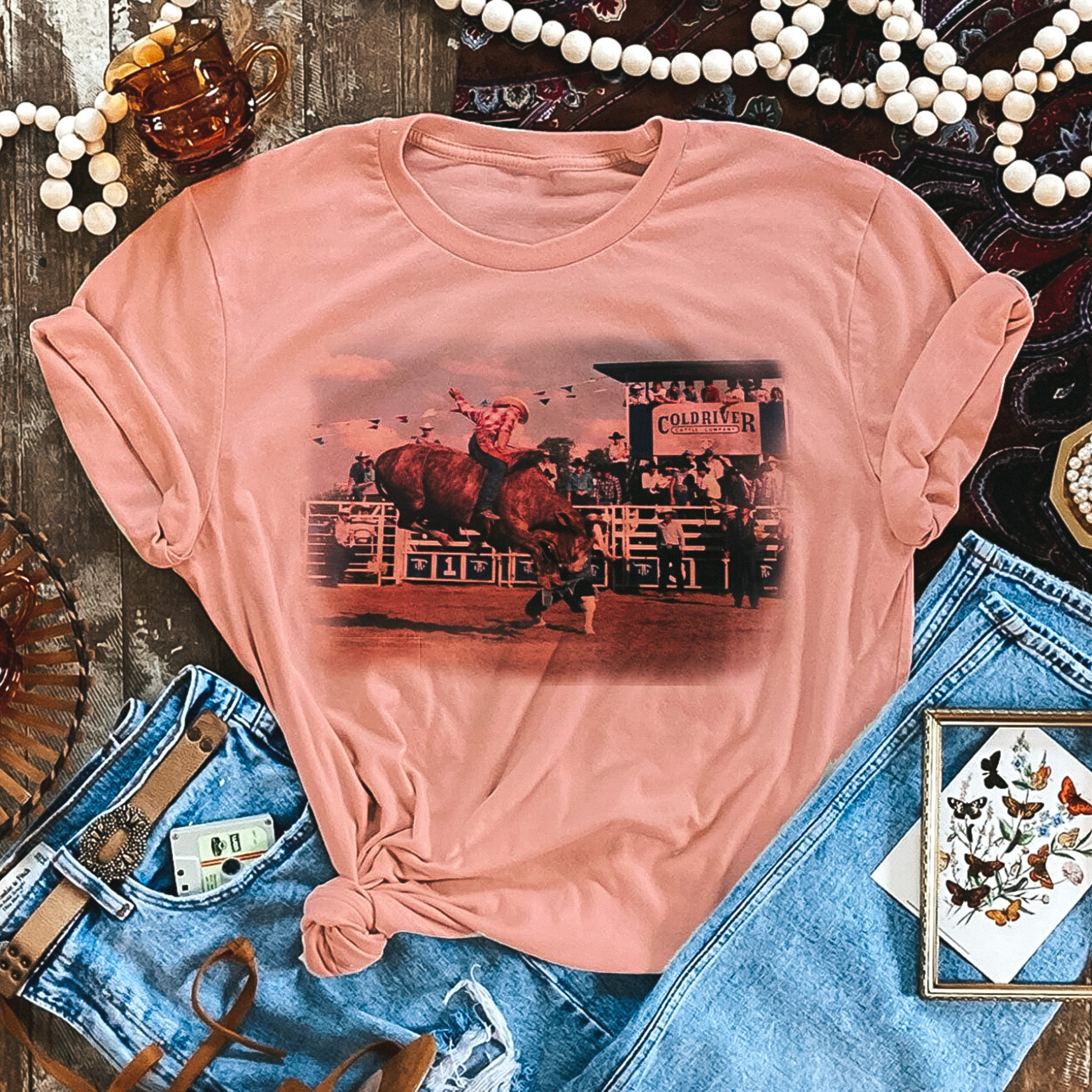 Online Exclusive | Ole HUD Vintage Bucking Bull Short Sleeve Graphic Tee in Desert Rose Pink - Giddy Up Glamour Boutique